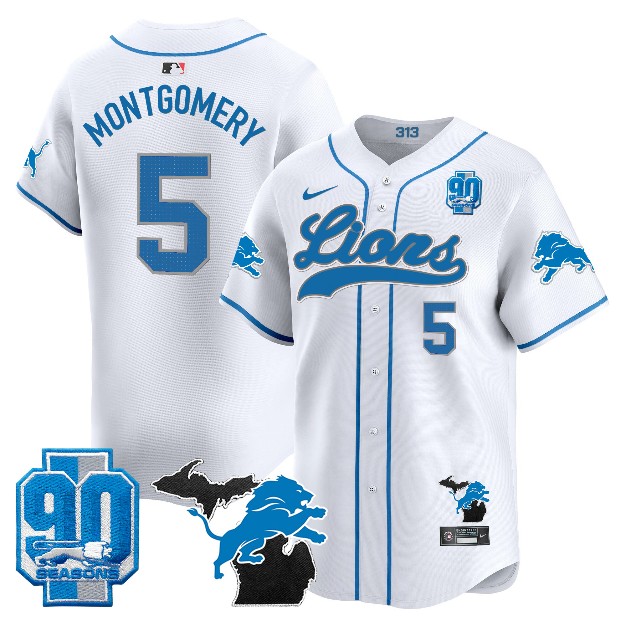 Men's Detroit Lions 2024 Michigan & 90th Season Patch Baseball Jersey - All Stitched - Image 28