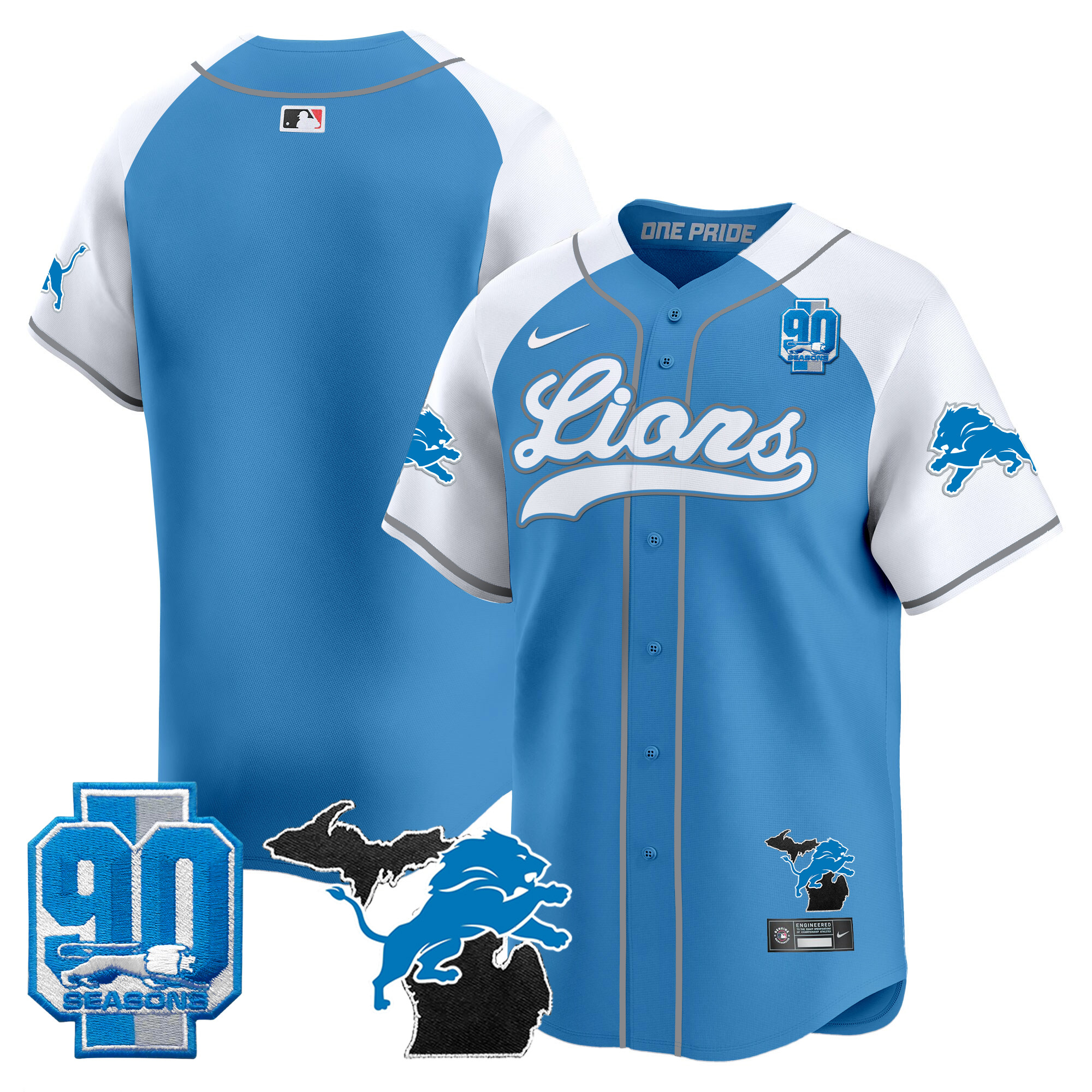 Men's Detroit Lions 2024 Michigan & 90th Season Patch Baseball Jersey - All Stitched - Image 16