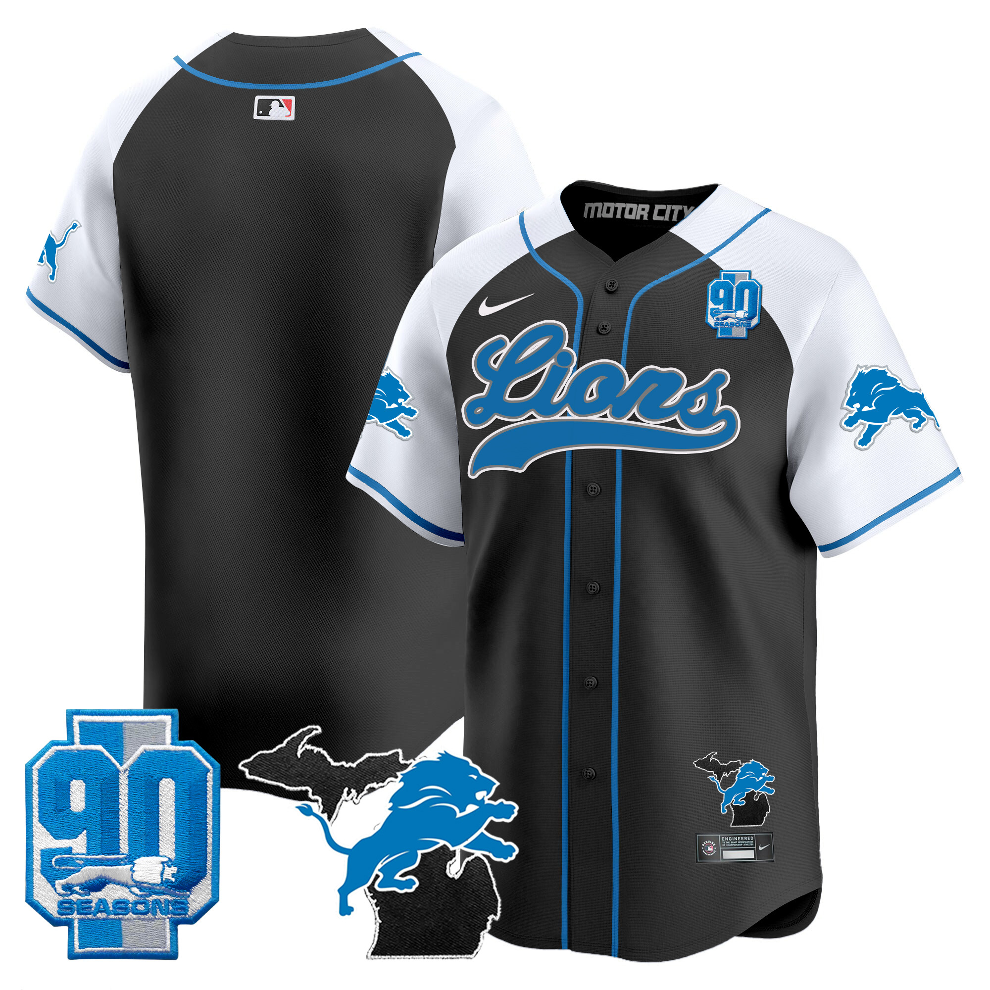 Men's Detroit Lions 2024 Michigan & 90th Season Patch Baseball Jersey - All Stitched - Image 8