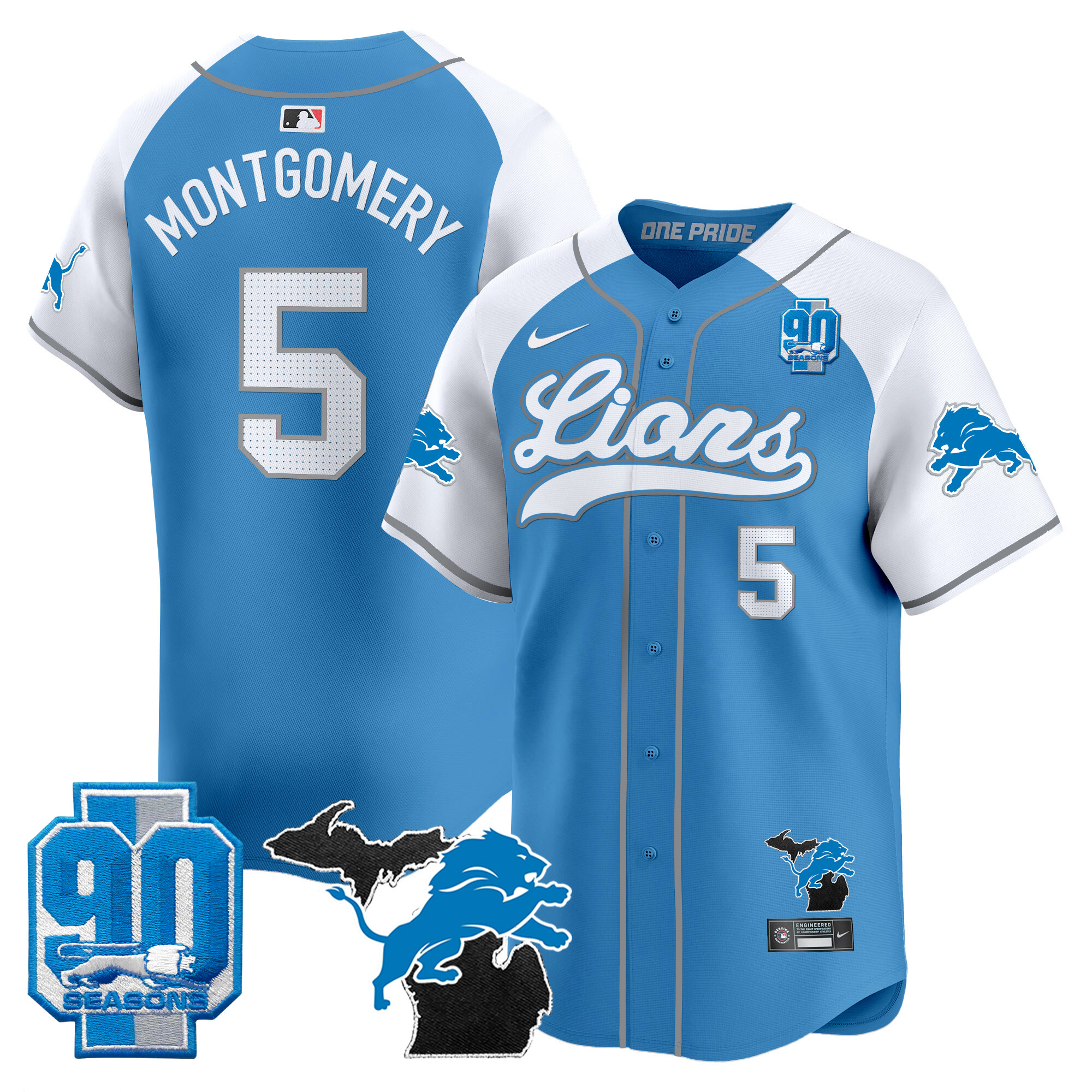 Men's Detroit Lions 2024 Michigan & 90th Season Patch Baseball Jersey - All Stitched - Image 12