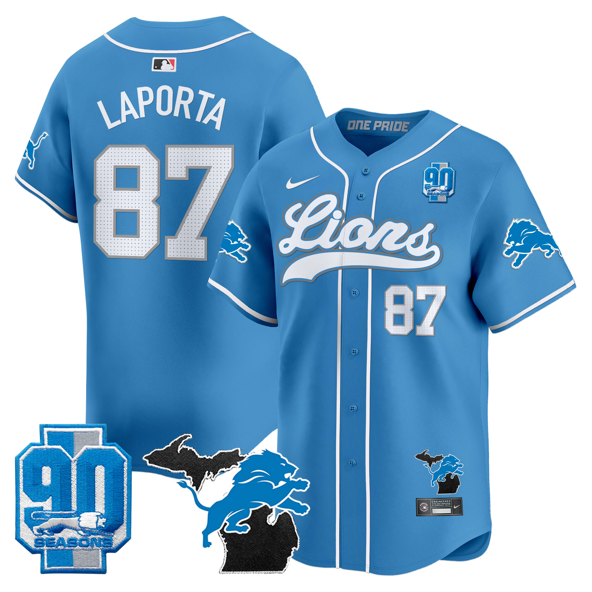 Men's Detroit Lions 2024 Michigan & 90th Season Patch Baseball Jersey - All Stitched - Image 22