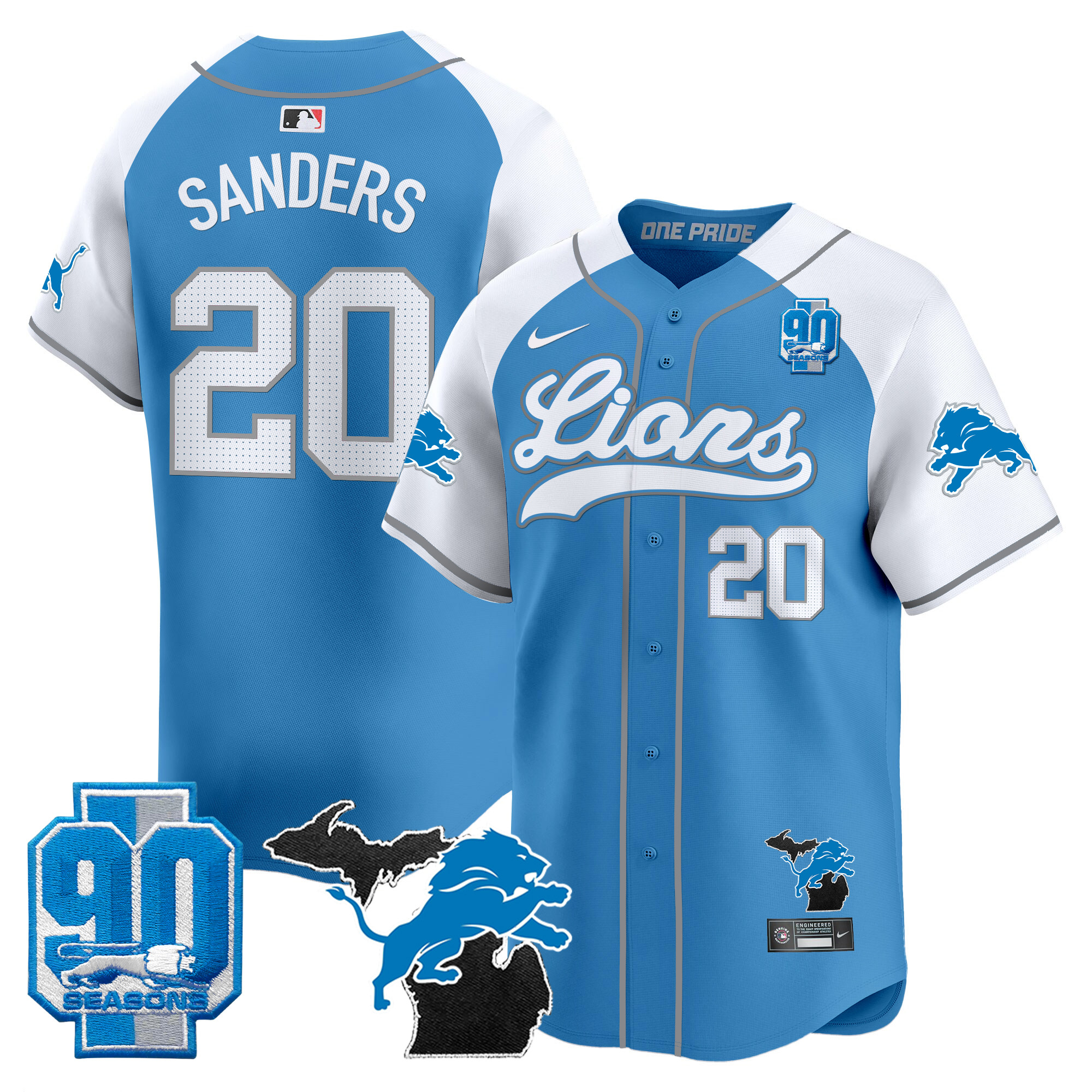 Men's Detroit Lions 2024 Michigan & 90th Season Patch Baseball Jersey - All Stitched - Image 13
