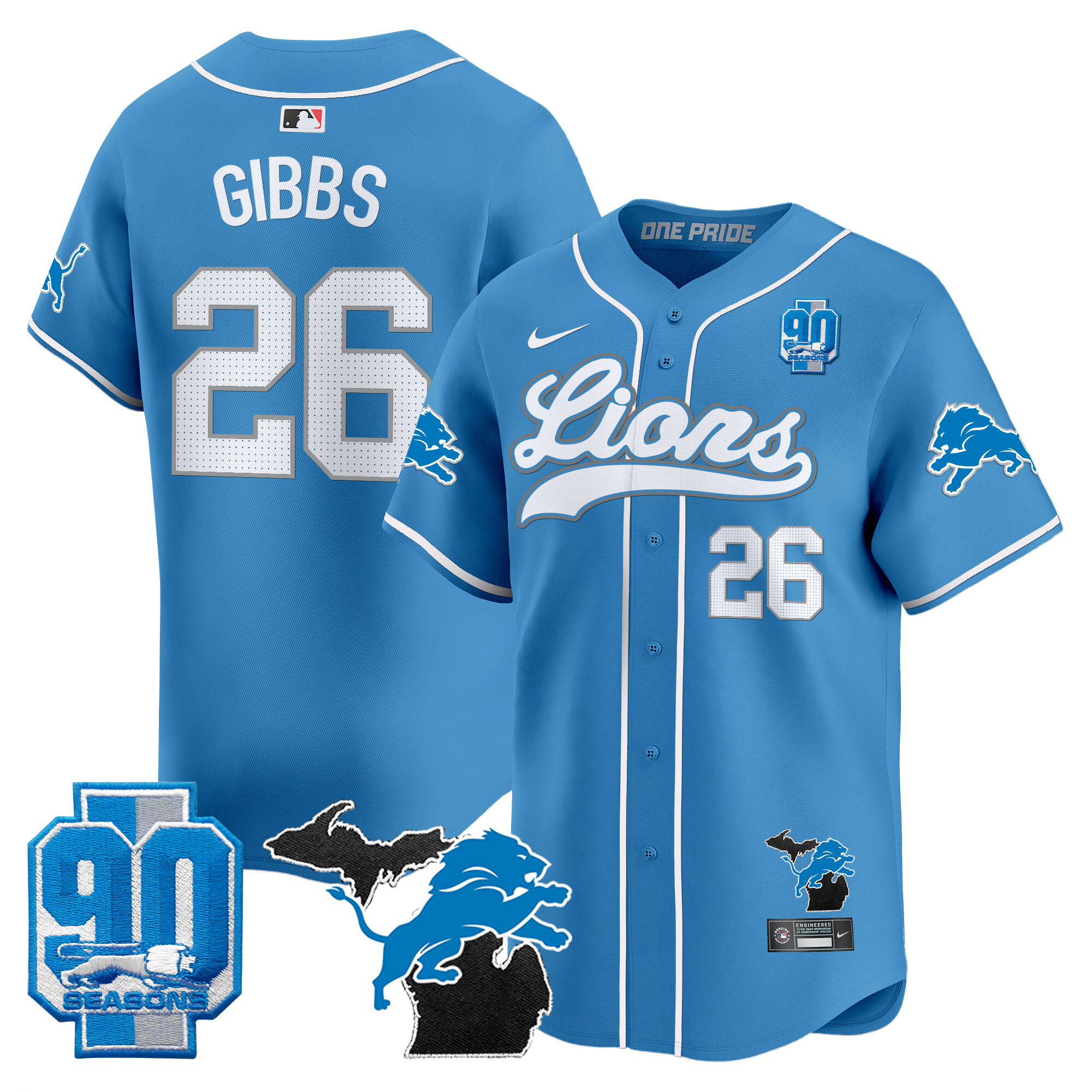 Men's Detroit Lions 2024 Michigan & 90th Season Patch Baseball Jersey - All Stitched - Image 23