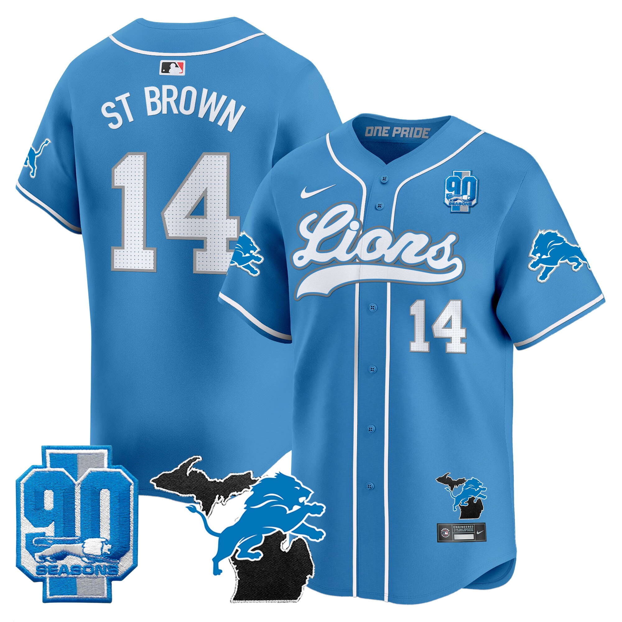 Men's Detroit Lions 2024 Michigan & 90th Season Patch Baseball Jersey - All Stitched - Image 19