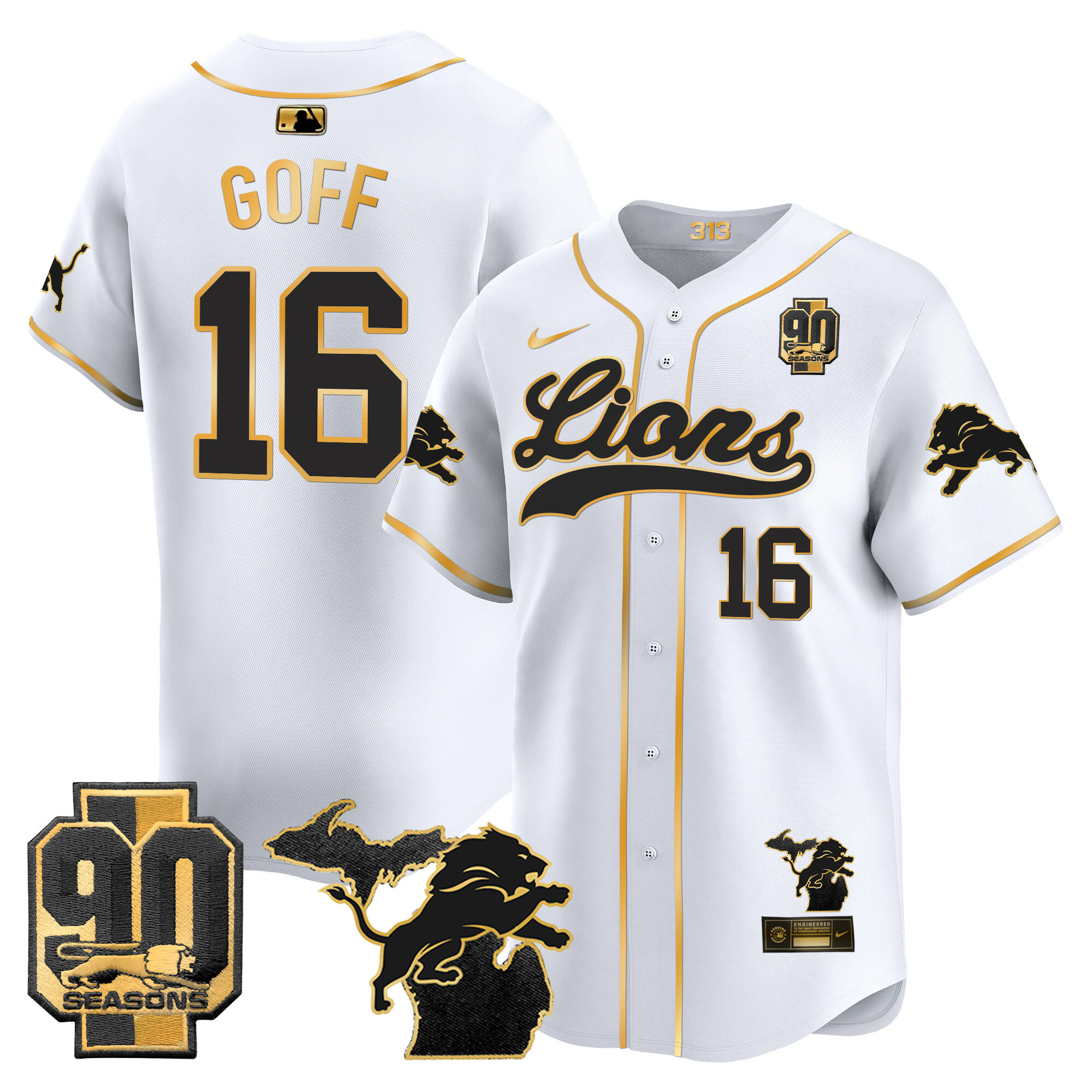 Men's Detroit Lions 2024 Michigan & 90th Season Patch Gold Baseball Jersey - All Stitched