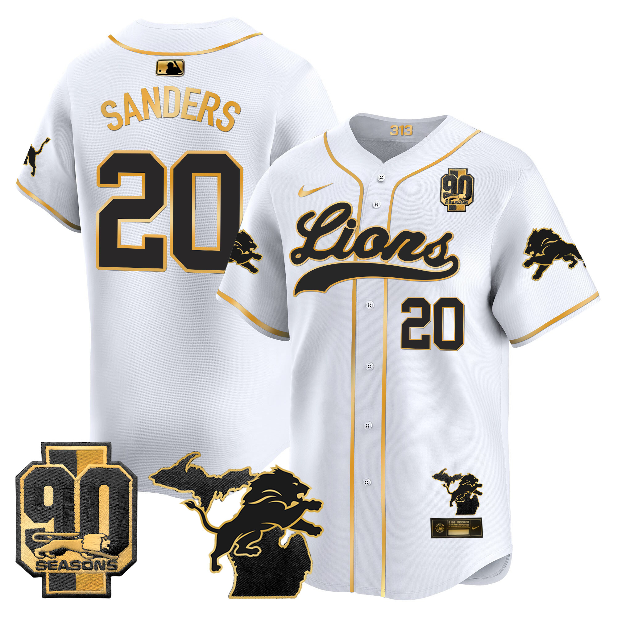 Men's Detroit Lions 2024 Michigan & 90th Season Patch Gold Baseball Jersey - All Stitched - Image 5