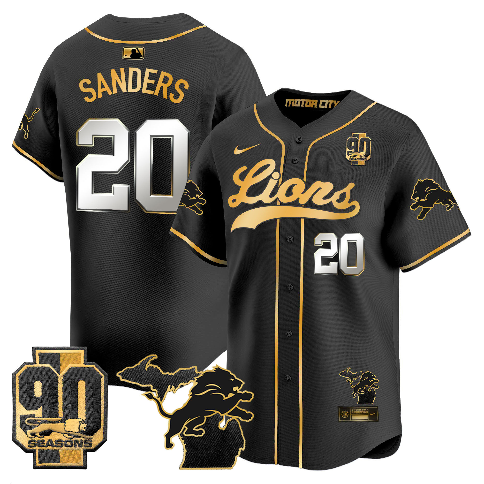 Men's Detroit Lions 2024 Michigan & 90th Season Patch Gold Baseball Jersey - All Stitched - Image 13