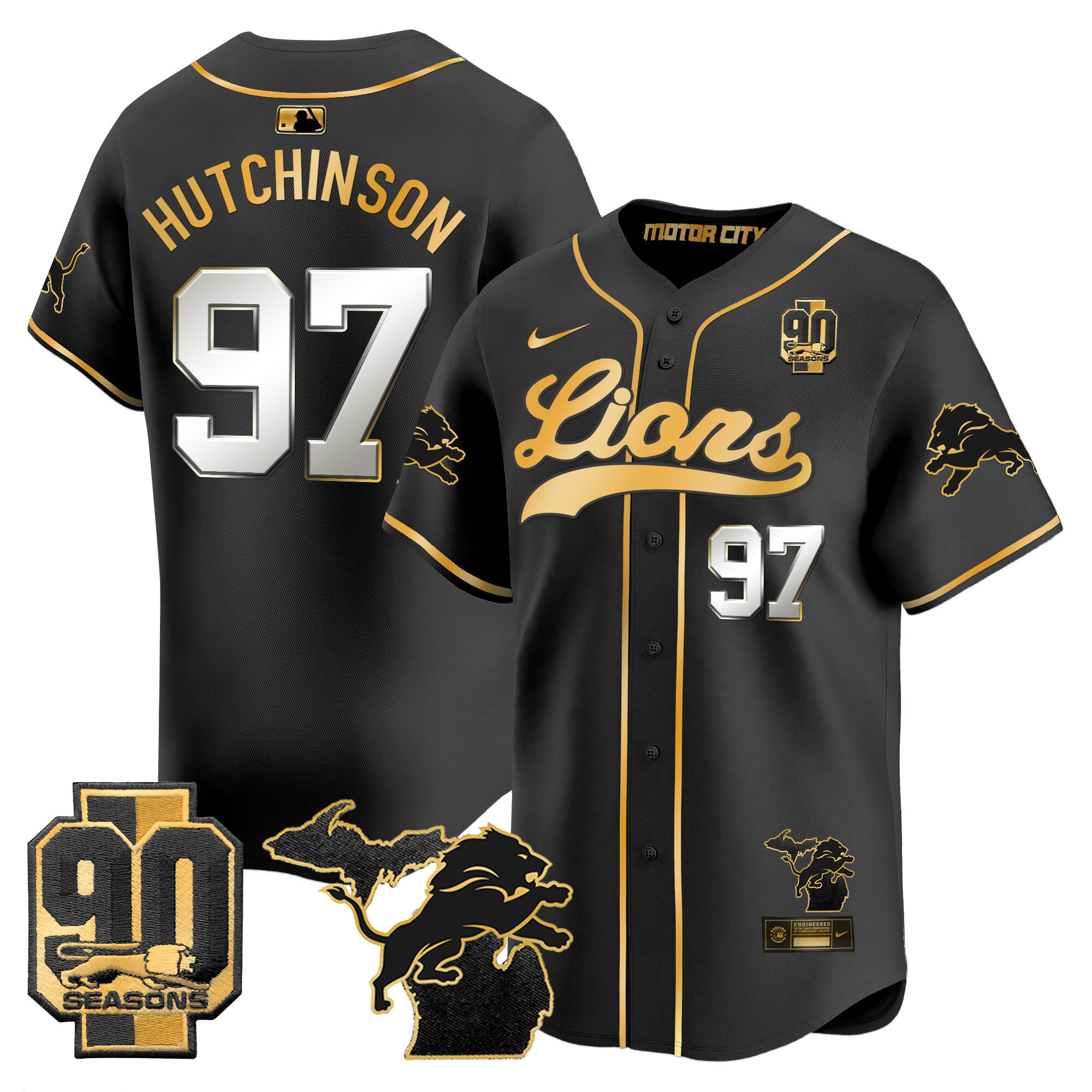 Men's Detroit Lions 2024 Michigan & 90th Season Patch Gold Baseball Jersey - All Stitched - Image 10