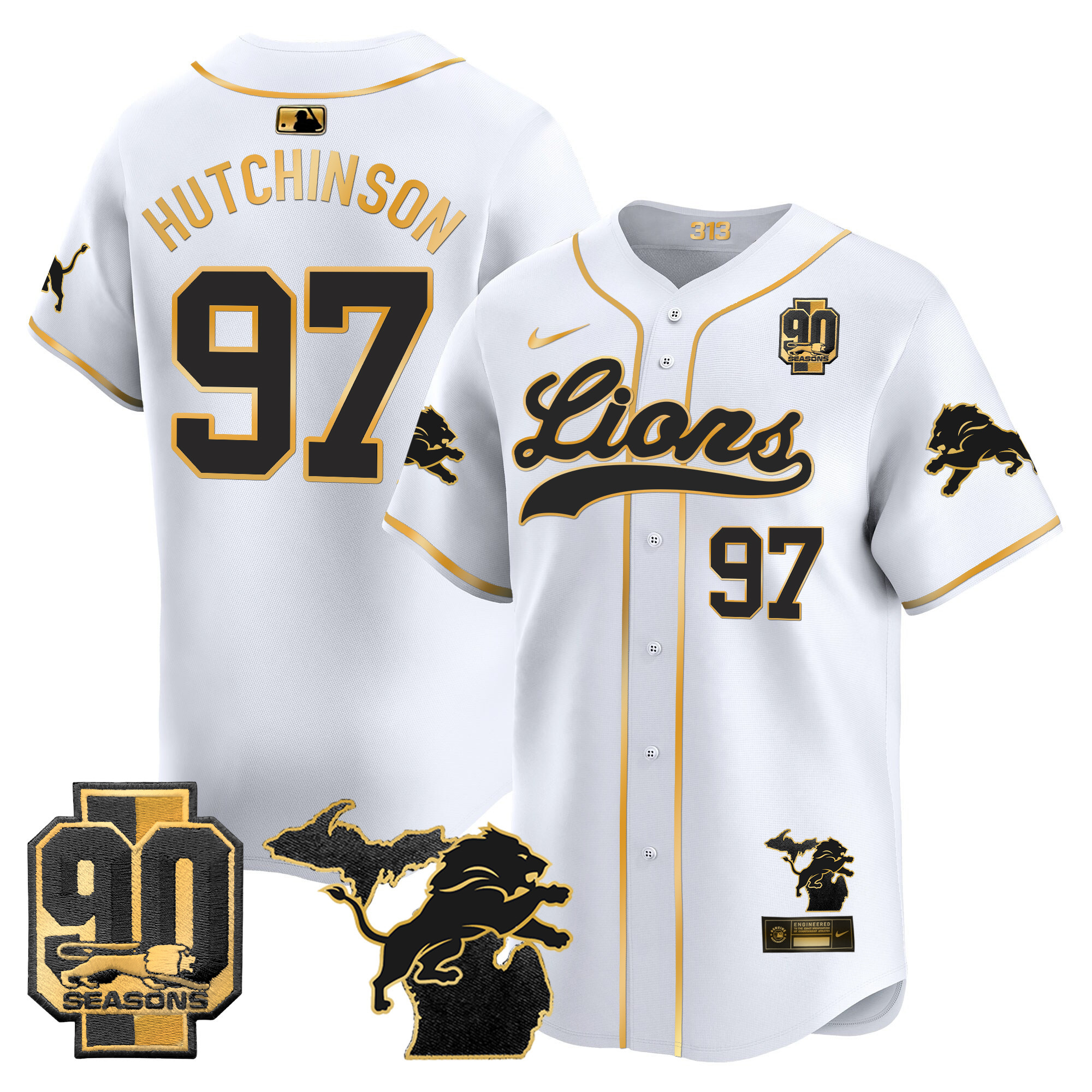 Men's Detroit Lions 2024 Michigan & 90th Season Patch Gold Baseball Jersey - All Stitched - Image 2