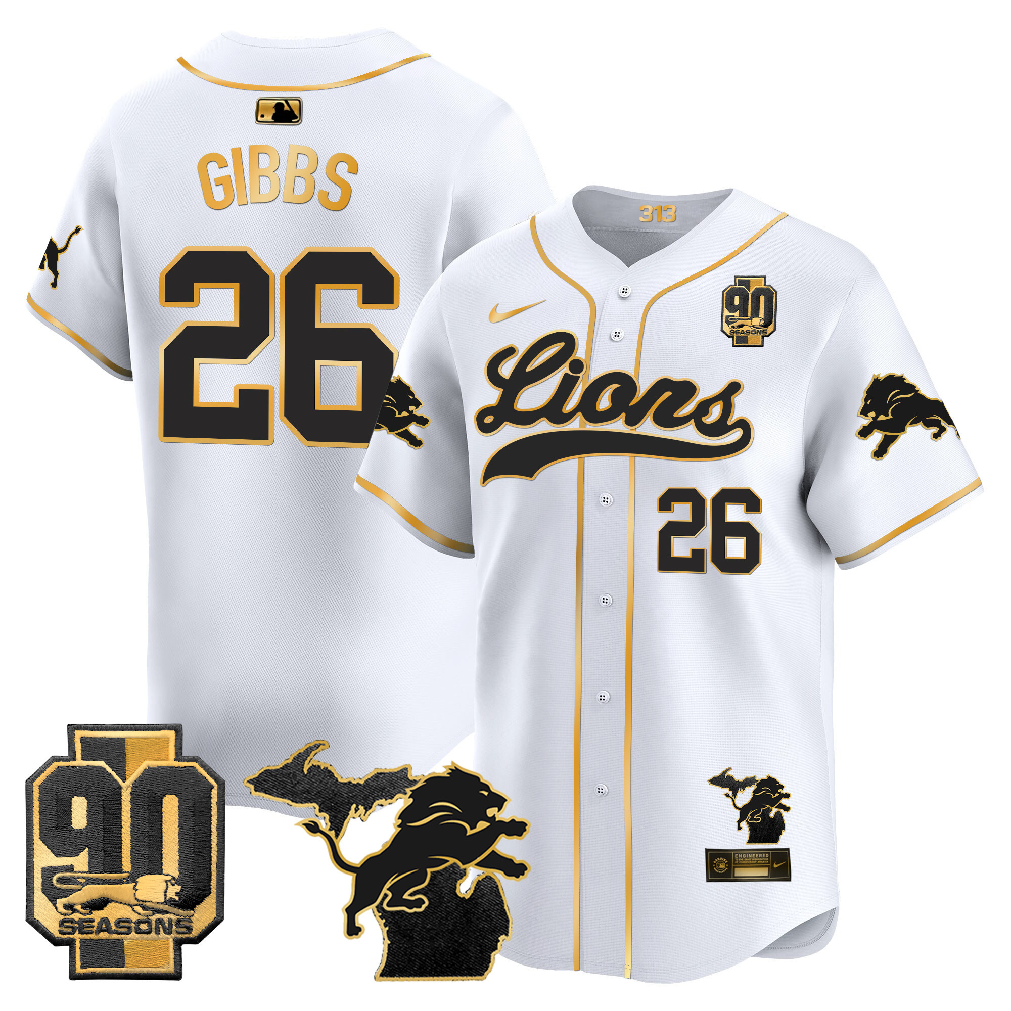 Men's Detroit Lions 2024 Michigan & 90th Season Patch Gold Baseball Jersey - All Stitched - Image 7