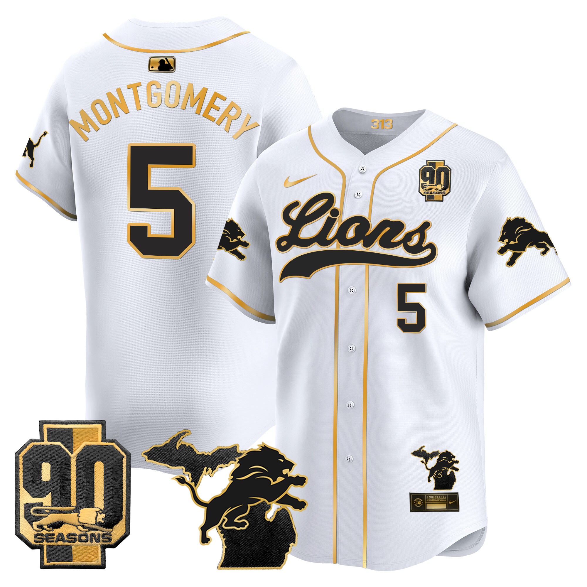 Men's Detroit Lions 2024 Michigan & 90th Season Patch Gold Baseball Jersey - All Stitched - Image 4