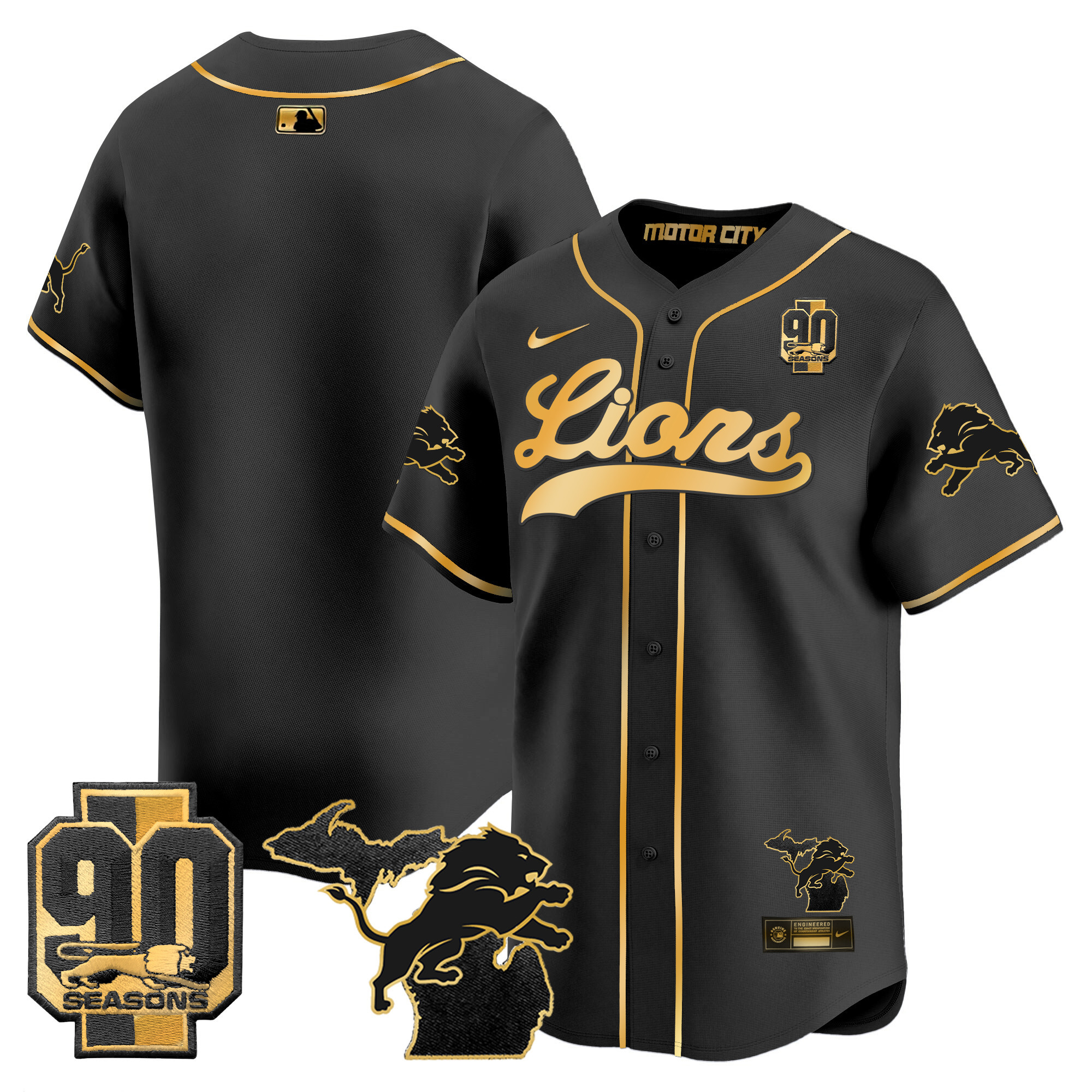 Men's Detroit Lions 2024 Michigan & 90th Season Patch Gold Baseball Jersey - All Stitched - Image 16