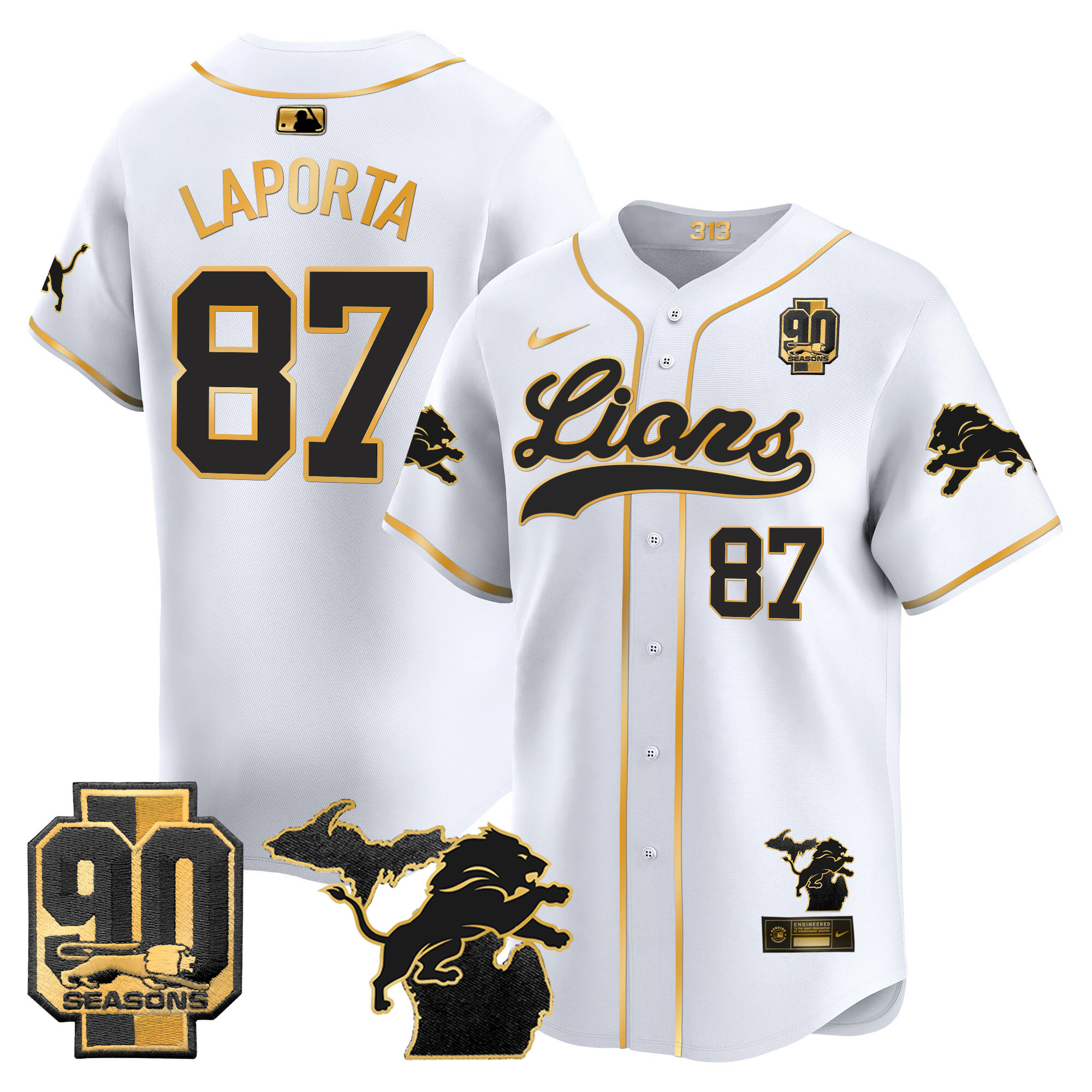 Men's Detroit Lions 2024 Michigan & 90th Season Patch Gold Baseball Jersey - All Stitched - Image 6
