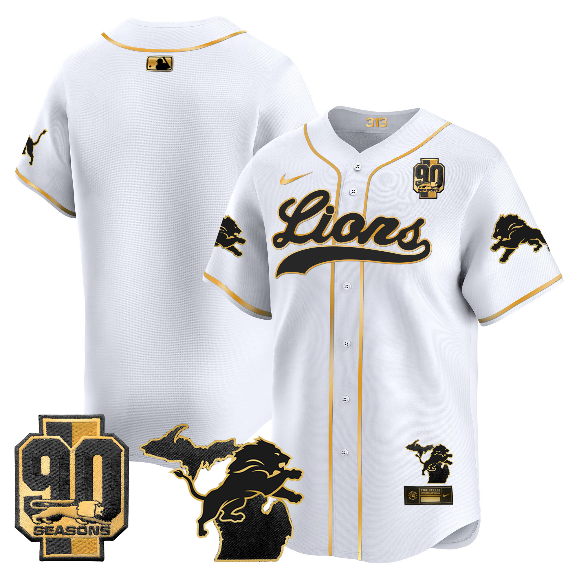 Men's Detroit Lions 2024 Michigan & 90th Season Patch Gold Baseball Jersey - All Stitched - Image 8