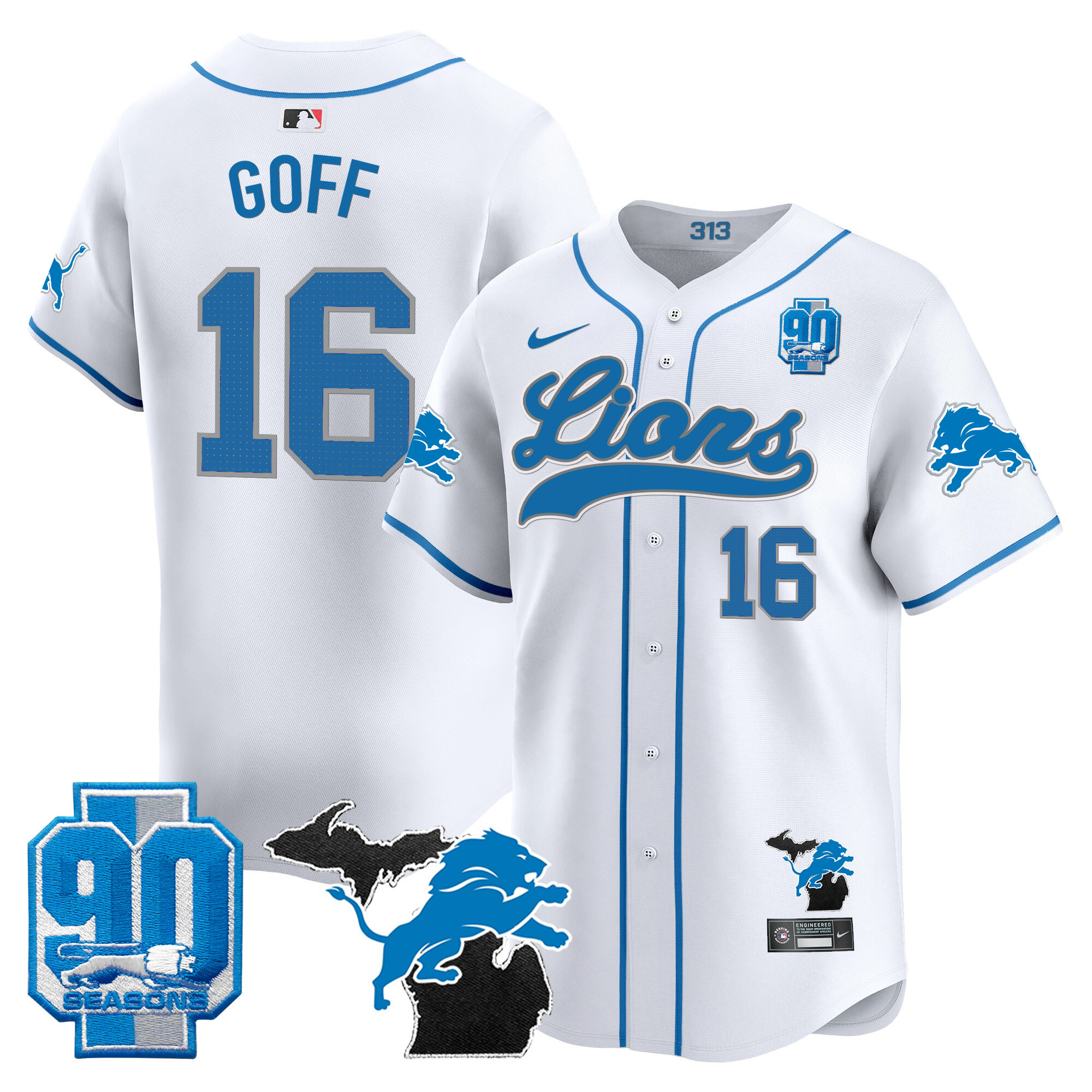 Men's Detroit Lions 2024 Michigan & 90th Season Patch Gold Baseball Jersey - All Stitched - Image 33