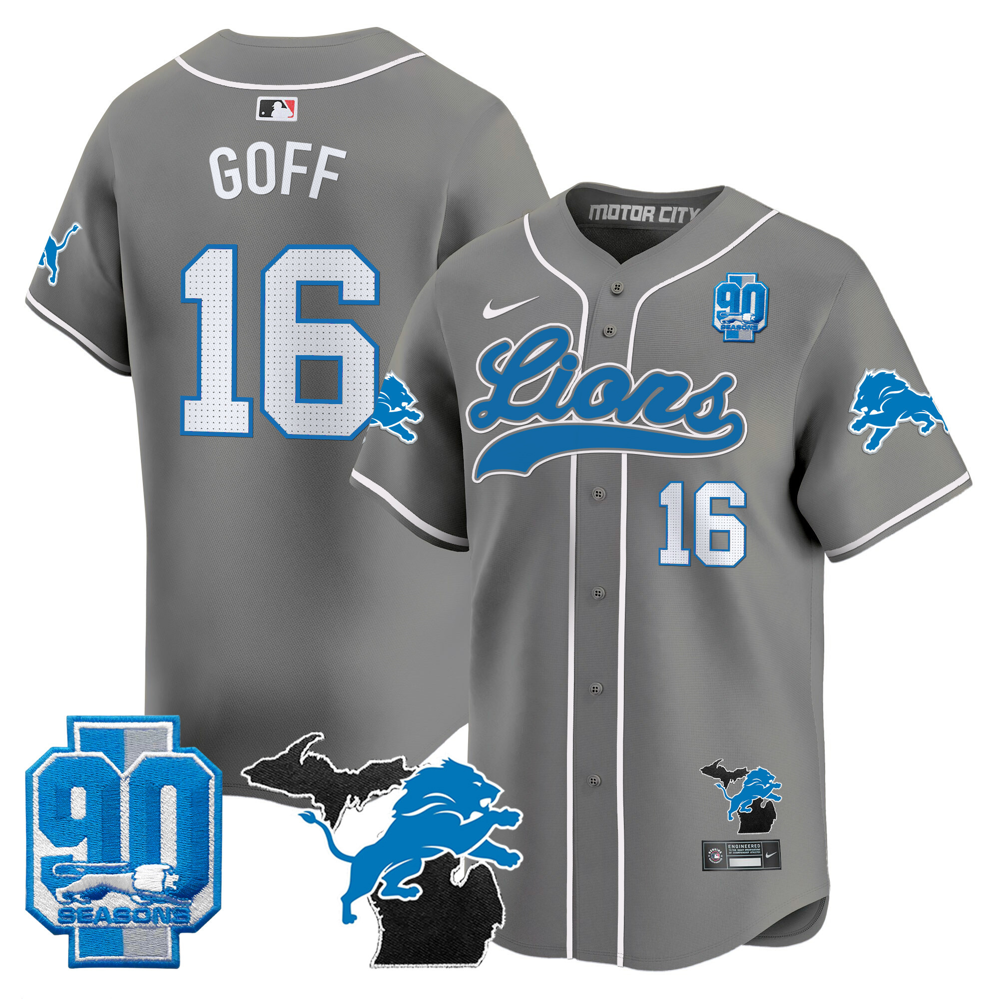 Men's Detroit Lions 2024 Michigan & 90th Season Patch Gold Baseball Jersey - All Stitched - Image 41
