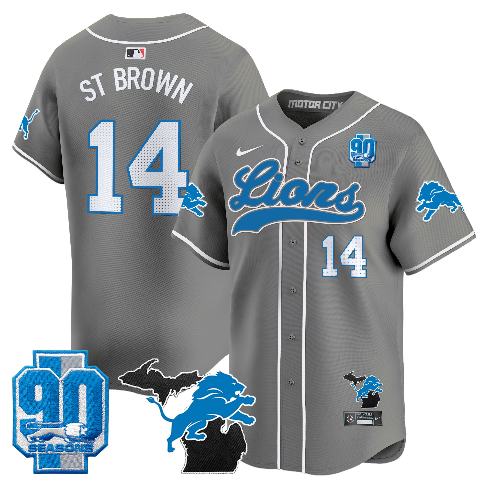Men's Detroit Lions 2024 Michigan & 90th Season Patch Gold Baseball Jersey - All Stitched - Image 43