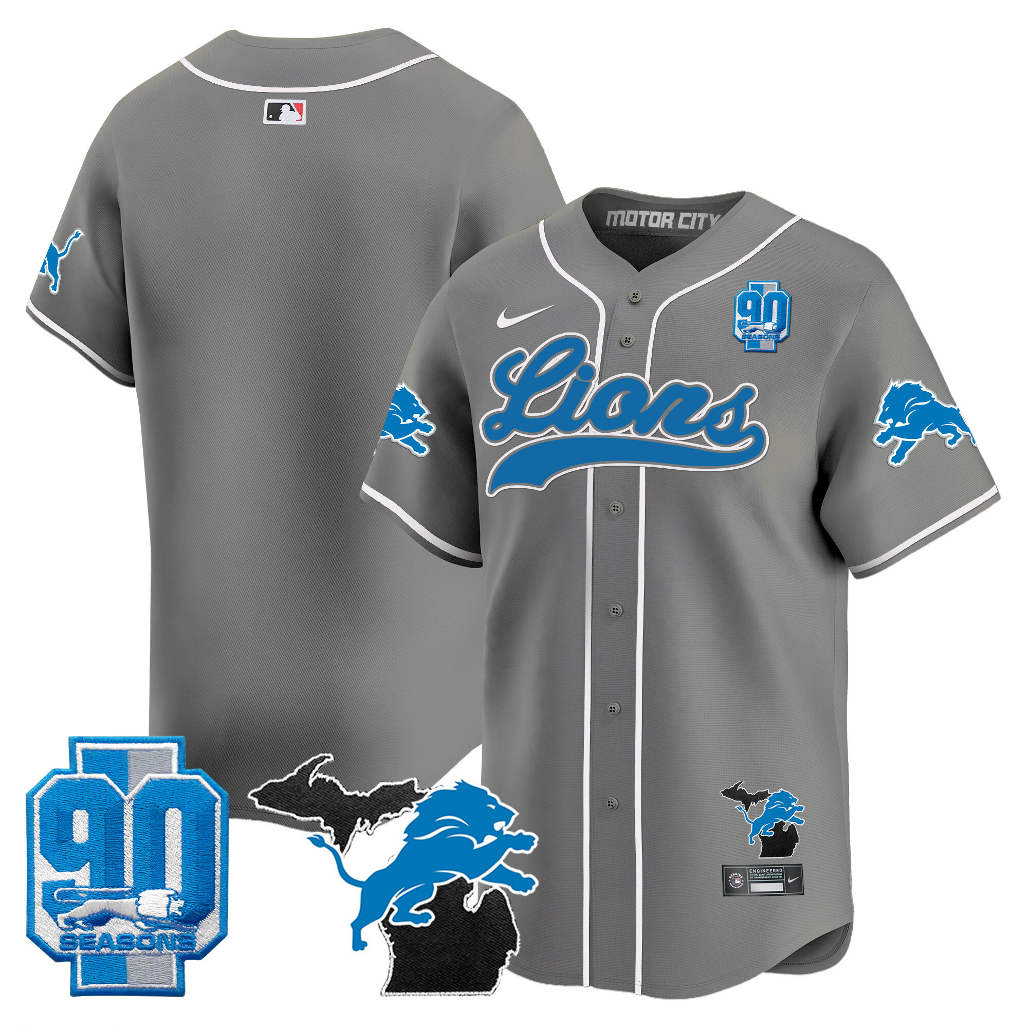 Men's Detroit Lions 2024 Michigan & 90th Season Patch Gold Baseball Jersey - All Stitched - Image 48