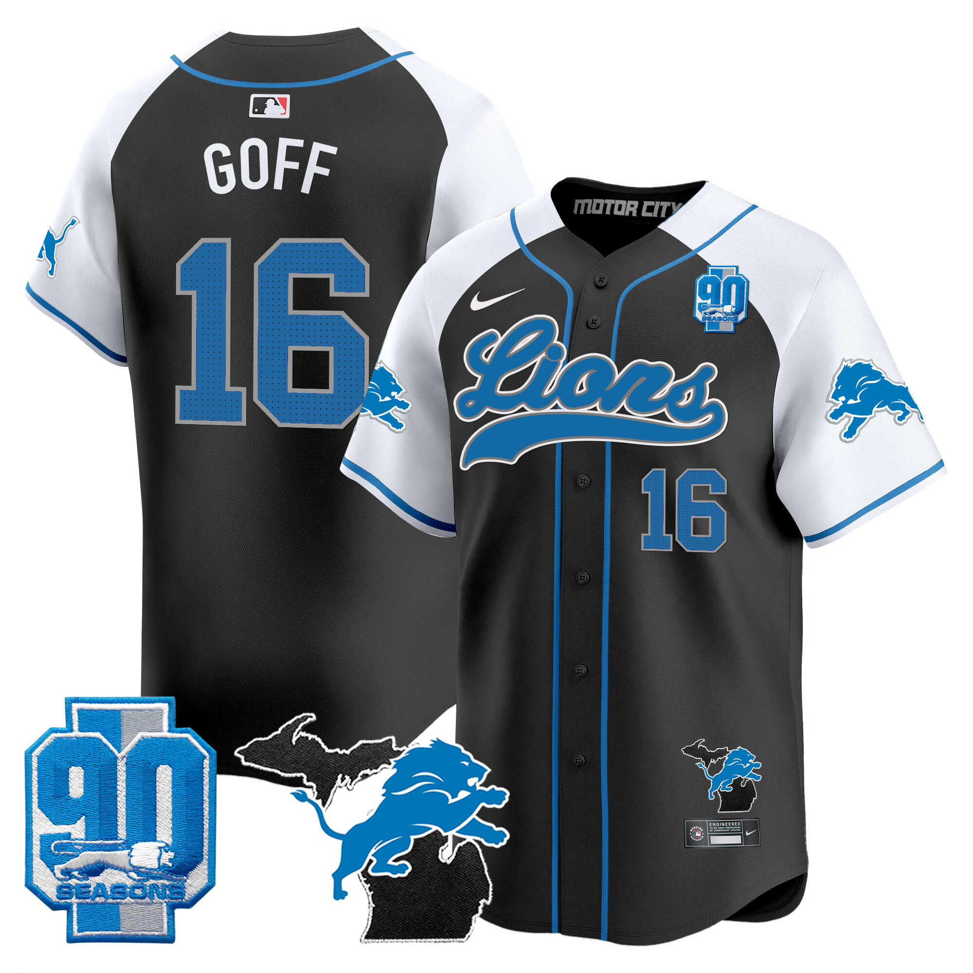 Men's Detroit Lions 2024 Michigan & 90th Season Patch Gold Baseball Jersey - All Stitched - Image 17