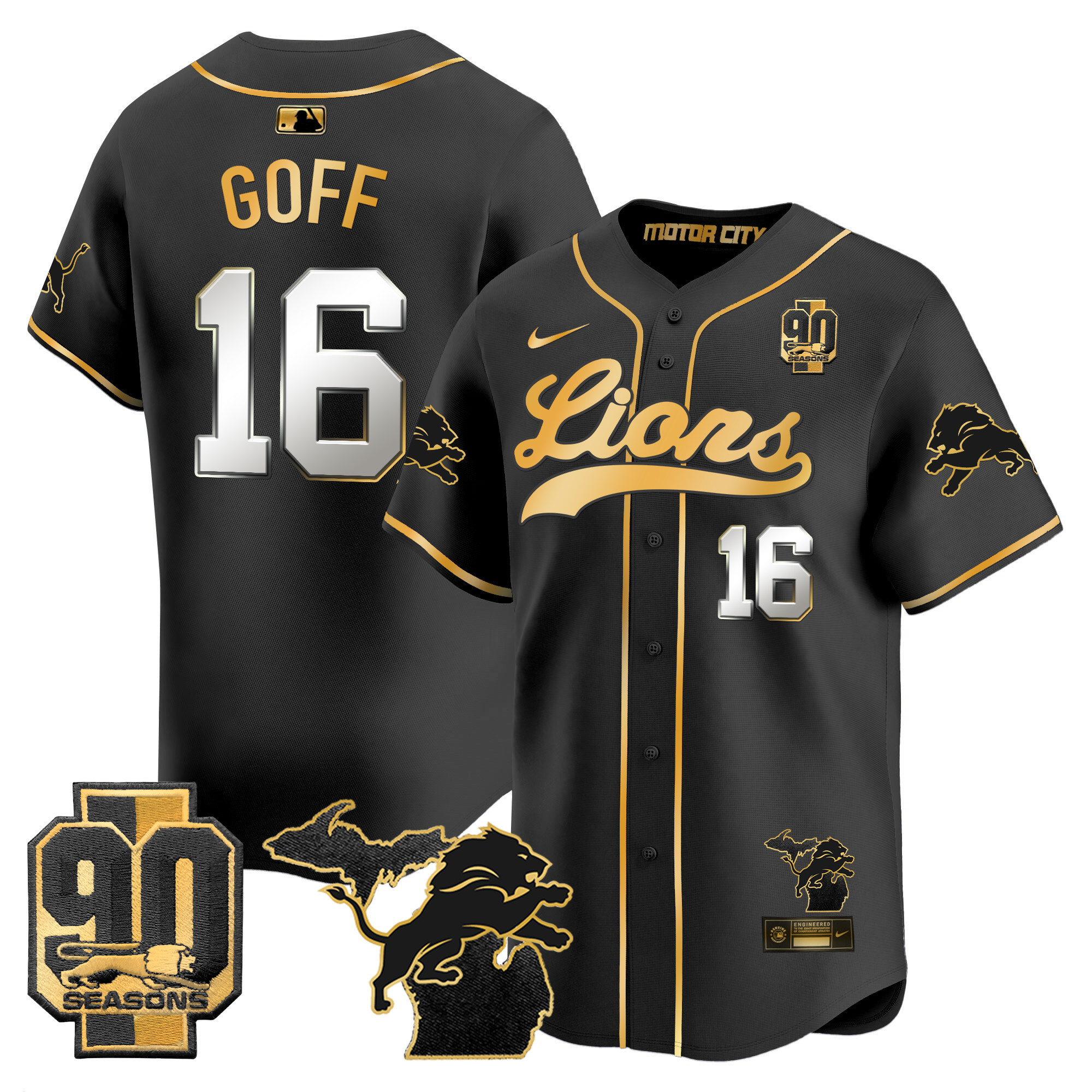 Men's Detroit Lions 2024 Michigan & 90th Season Patch Gold Baseball Jersey - All Stitched - Image 9