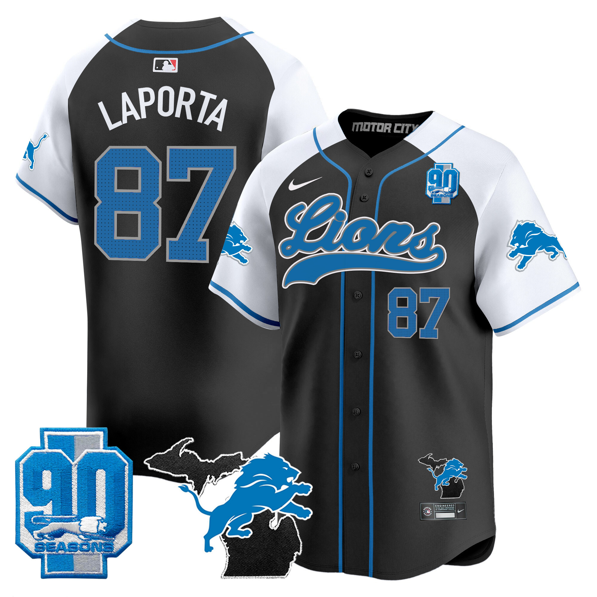 Men's Detroit Lions 2024 Michigan & 90th Season Patch Gold Baseball Jersey - All Stitched - Image 22