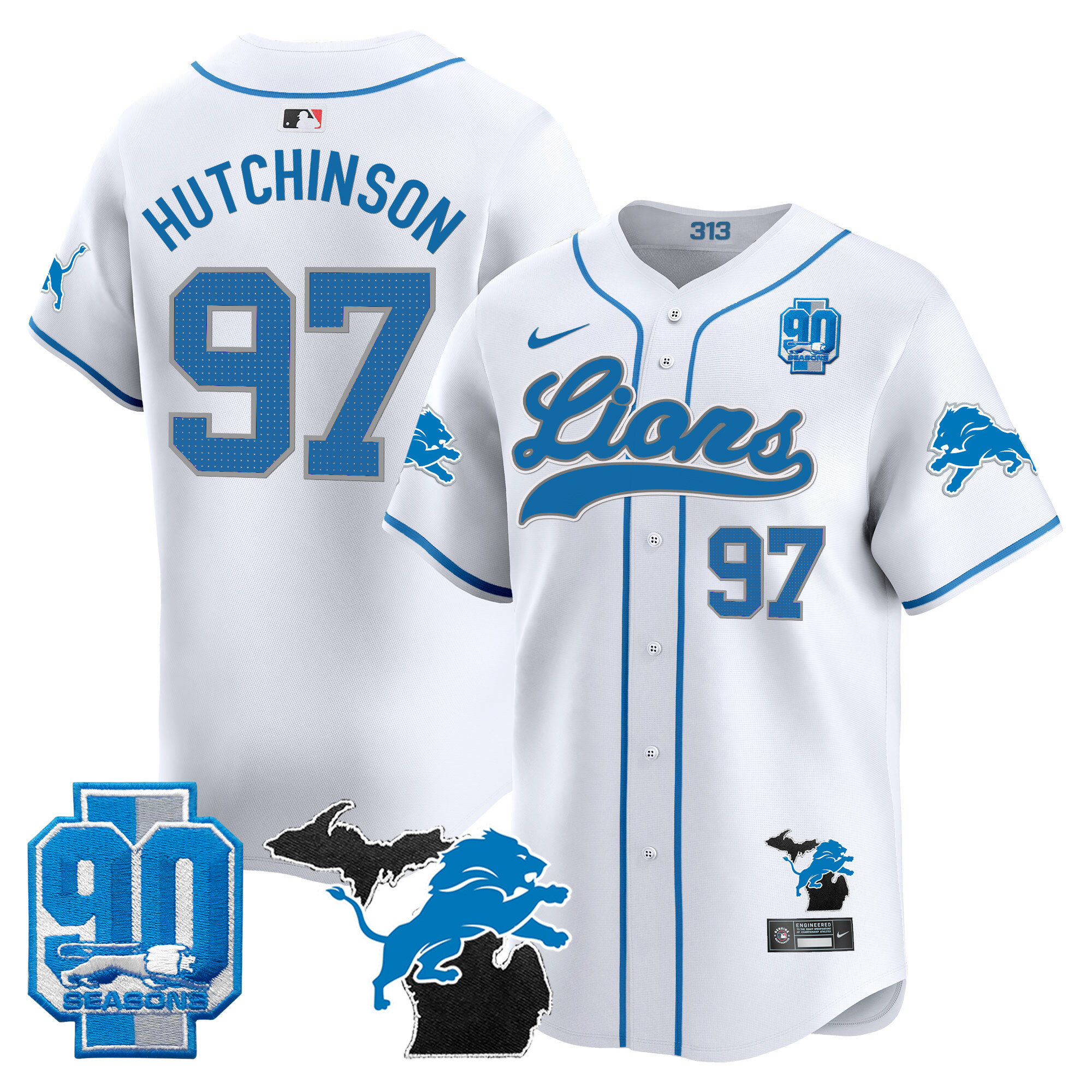 Men's Detroit Lions 2024 Michigan & 90th Season Patch Gold Baseball Jersey - All Stitched - Image 34