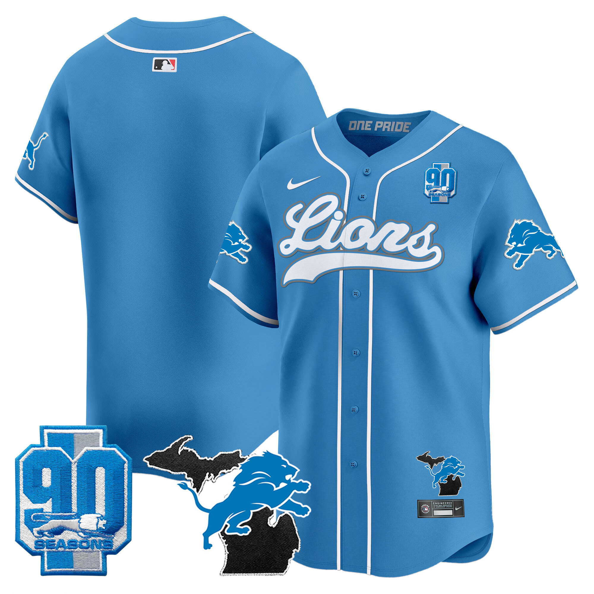 Men's Detroit Lions 2024 Michigan & 90th Season Patch Gold Baseball Jersey - All Stitched - Image 32