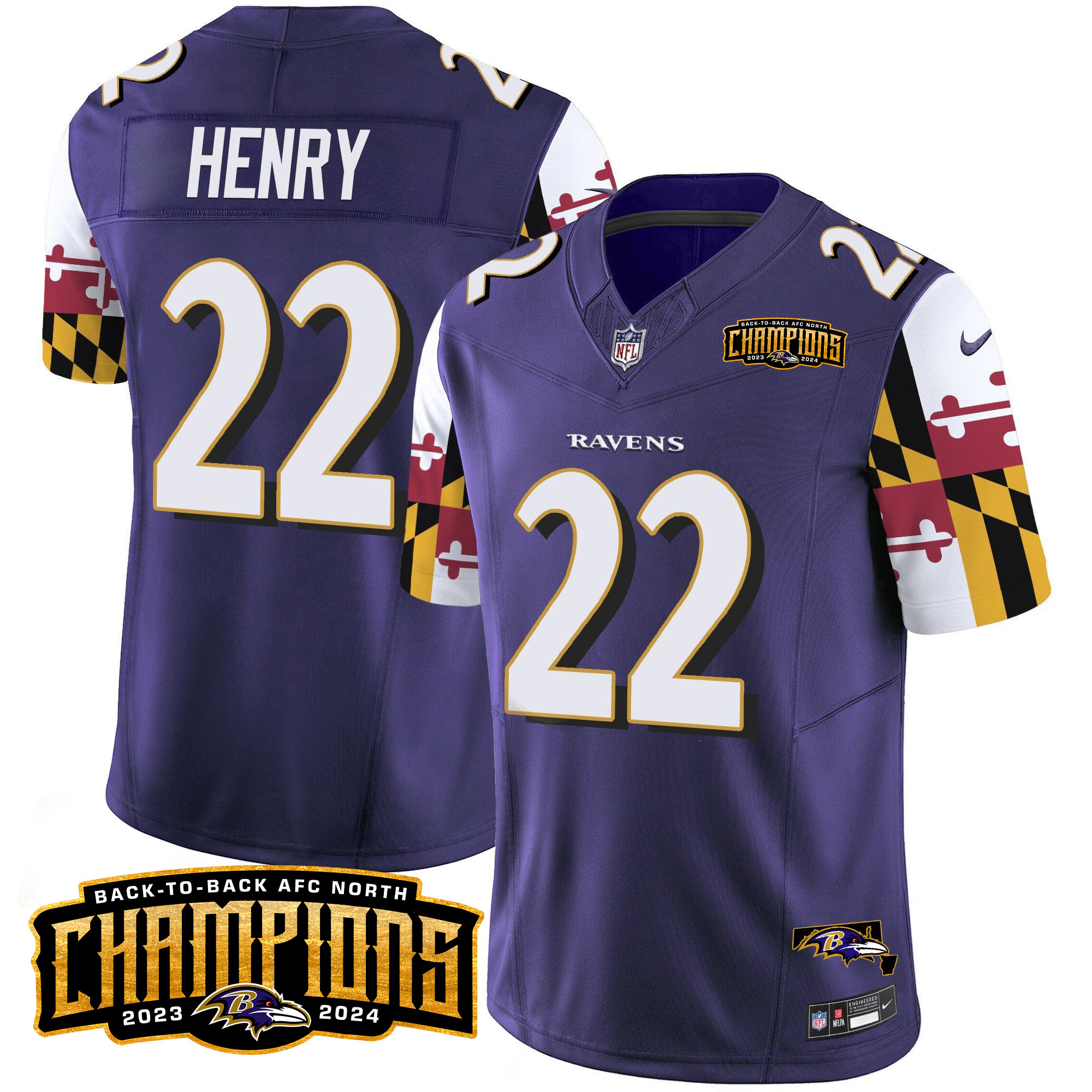 Men's Ravens Maryland Flag Back To Back AFC North Champions Patch Vapor Limited Jersey - All Stitched