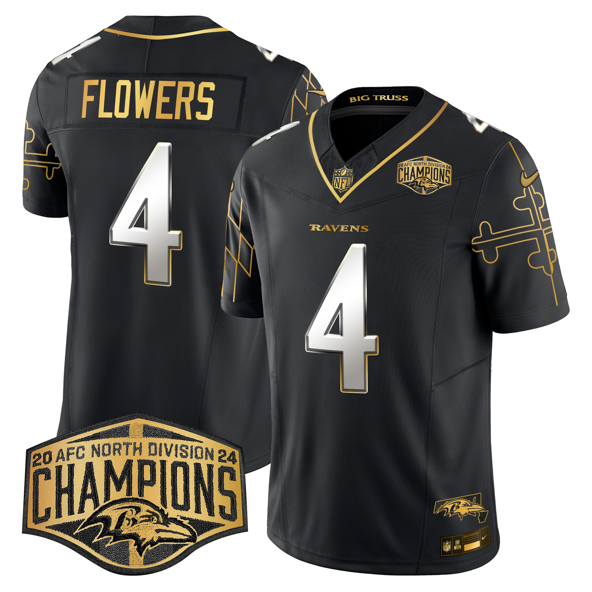 Men's Ravens Maryland Flag Map 2024 AFC North Division Champions Patch Gold Vapor Limited Jersey - All Stitched - Image 7