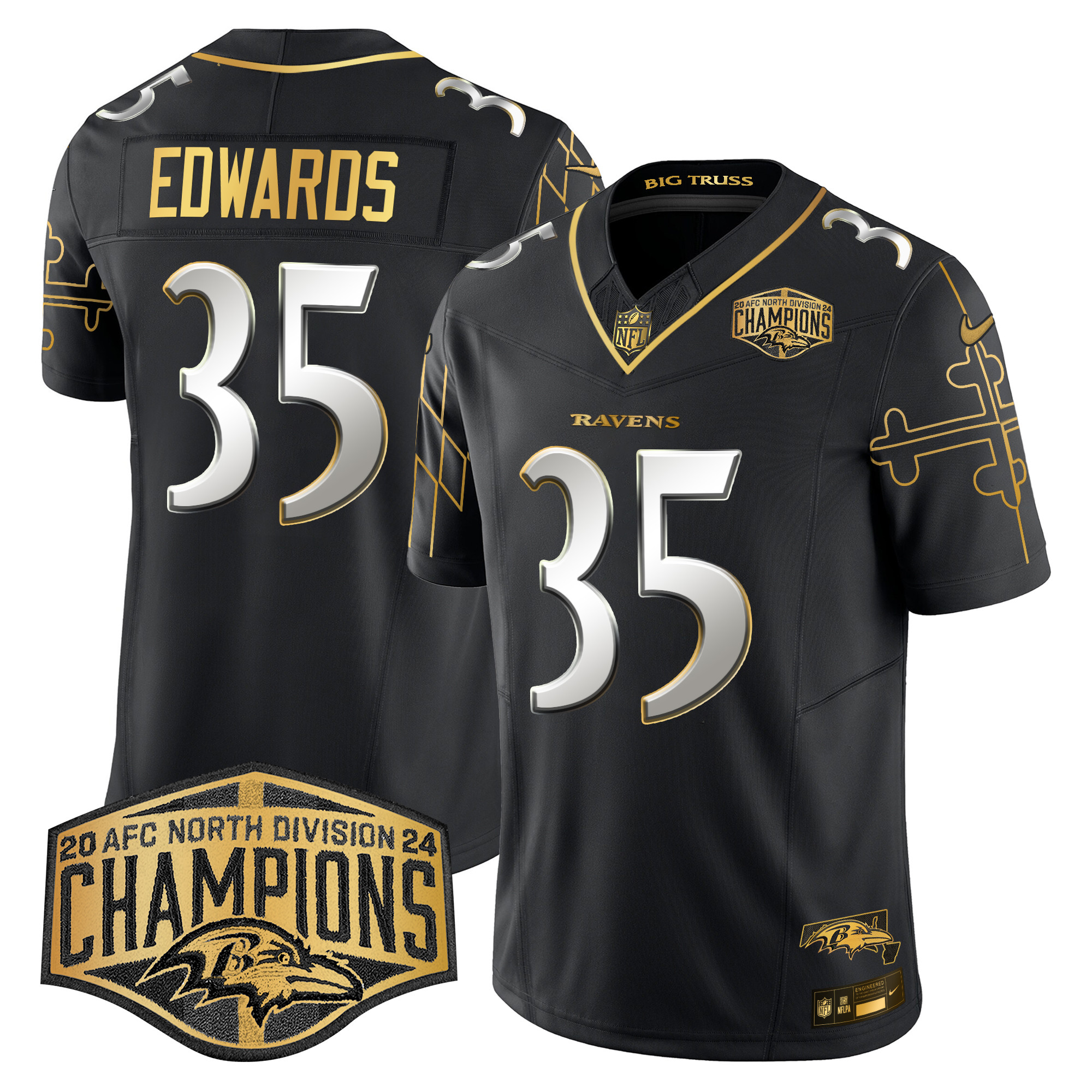 Men's Ravens Maryland Flag Map 2024 AFC North Division Champions Patch Gold Vapor Limited Jersey - All Stitched - Image 8