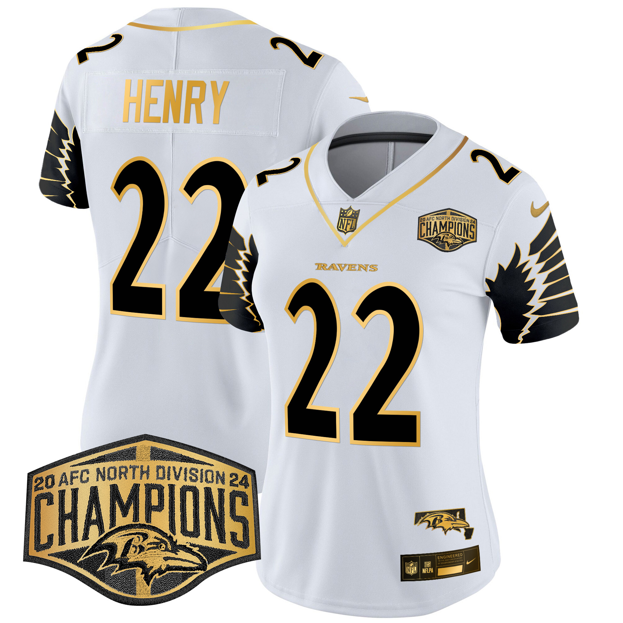 Women's Ravens Maryland 2024 AFC North Division Champions Patch Gold Vapor Limited Jersey - All Stitched - Image 19