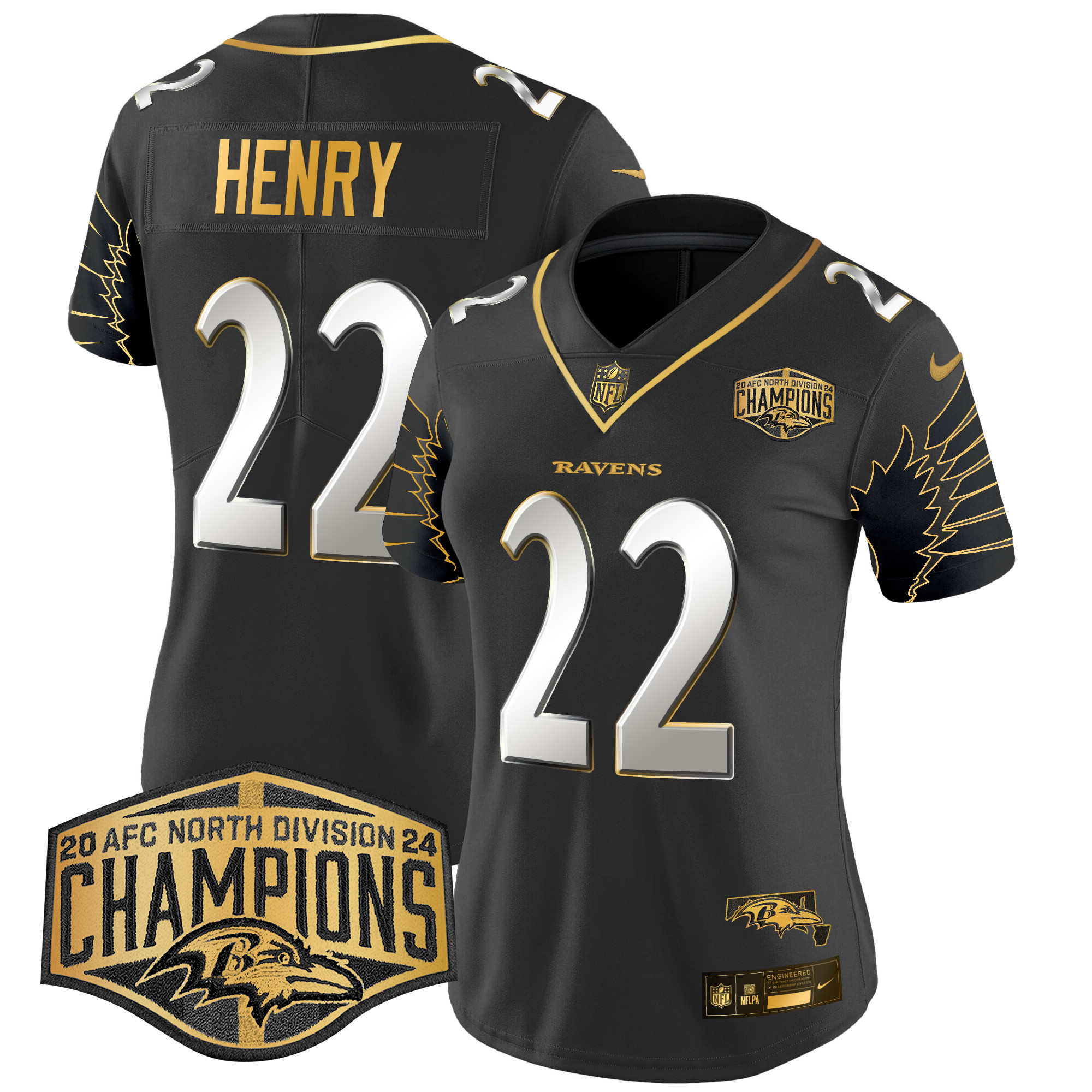 Women's Ravens Maryland 2024 AFC North Division Champions Patch Gold Vapor Limited Jersey - All Stitched