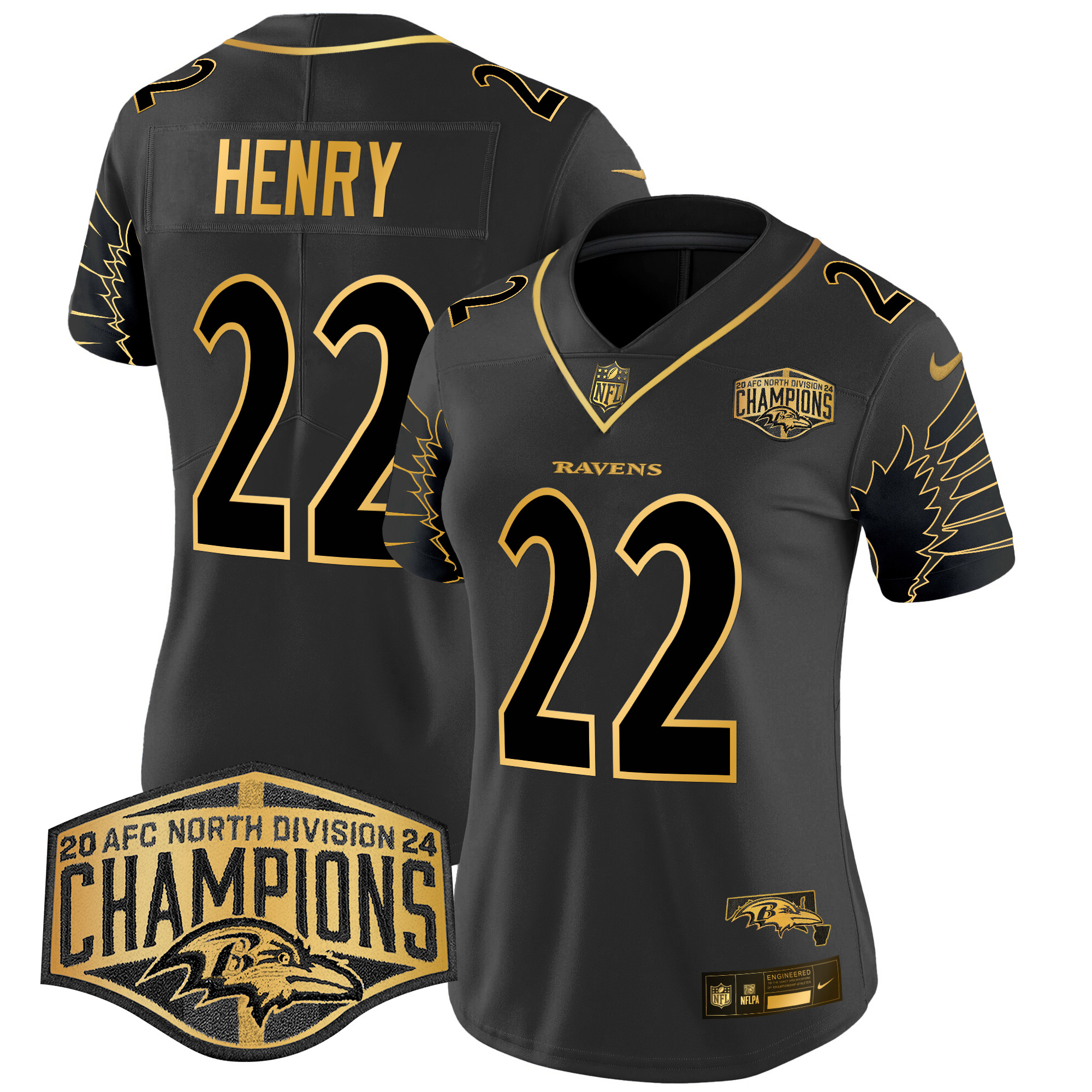 Women's Ravens Maryland 2024 AFC North Division Champions Patch Gold Vapor Limited Jersey - All Stitched - Image 28
