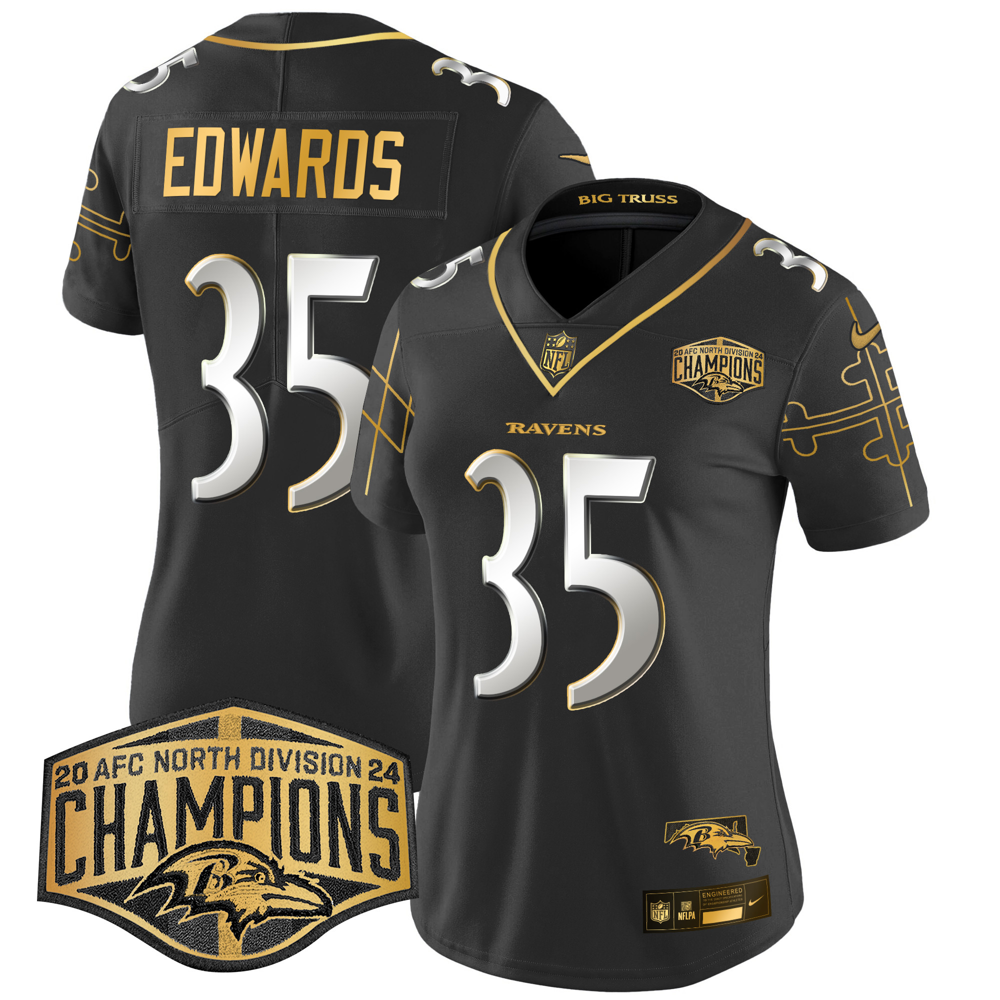Women's Ravens Maryland Flag Map 2024 AFC North Division Champions Patch Gold Vapor Limited Jersey - All Stitched - Image 8