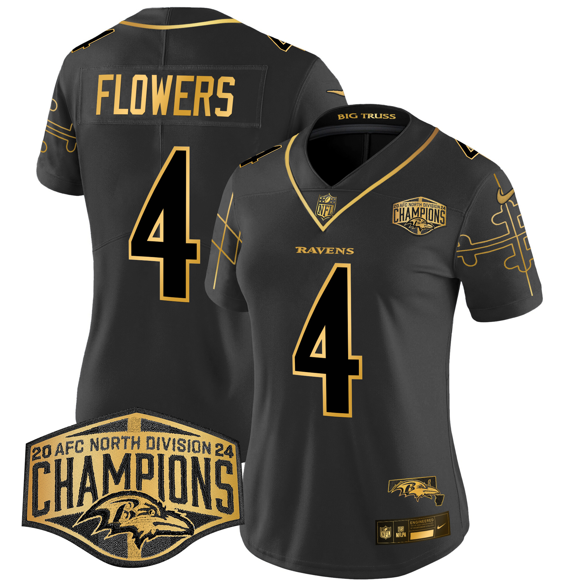 Women's Ravens Maryland Flag Map 2024 AFC North Division Champions Patch Gold Vapor Limited Jersey - All Stitched - Image 31