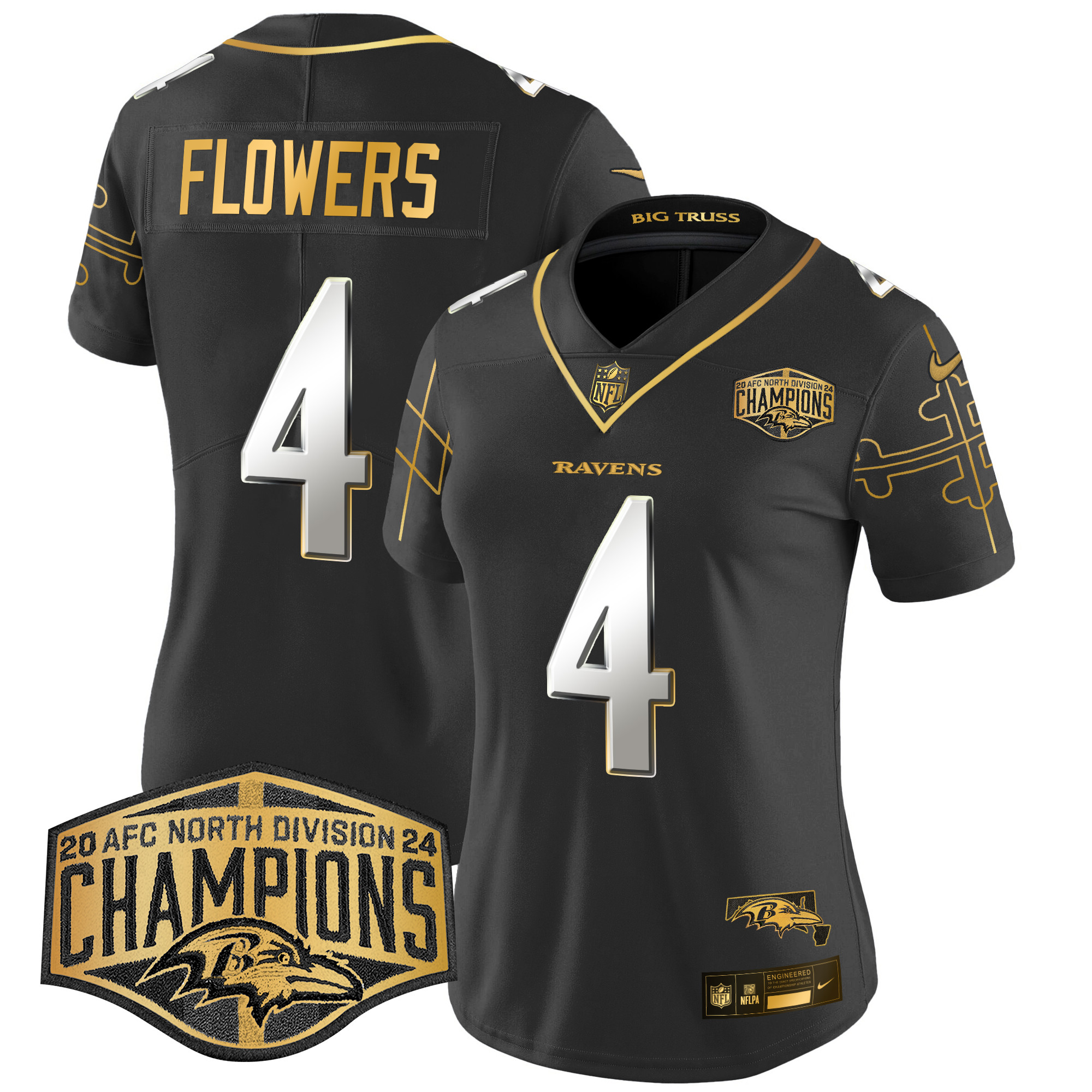 Women's Ravens Maryland Flag Map 2024 AFC North Division Champions Patch Gold Vapor Limited Jersey - All Stitched - Image 7