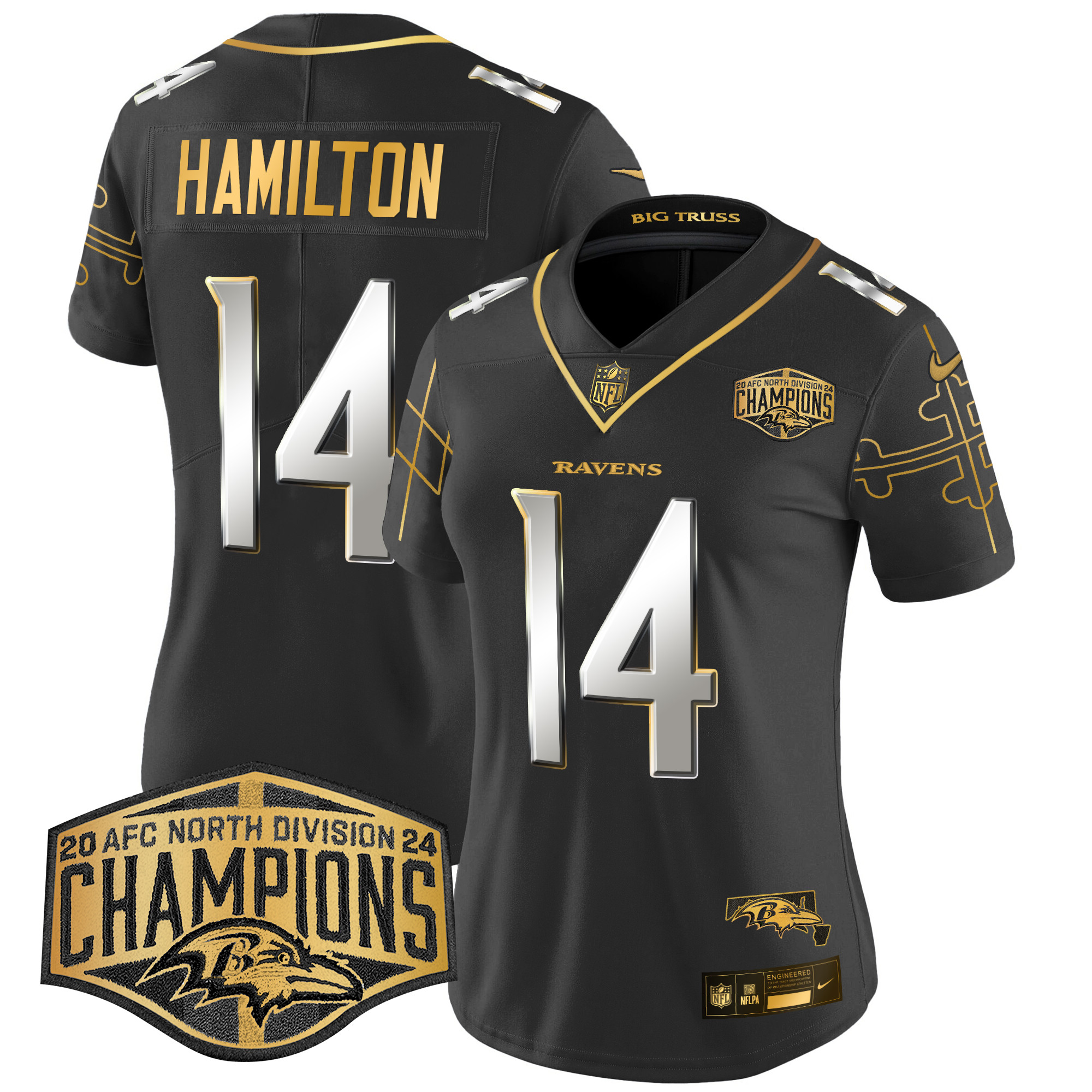 Women's Ravens Maryland Flag Map 2024 AFC North Division Champions Patch Gold Vapor Limited Jersey - All Stitched - Image 4