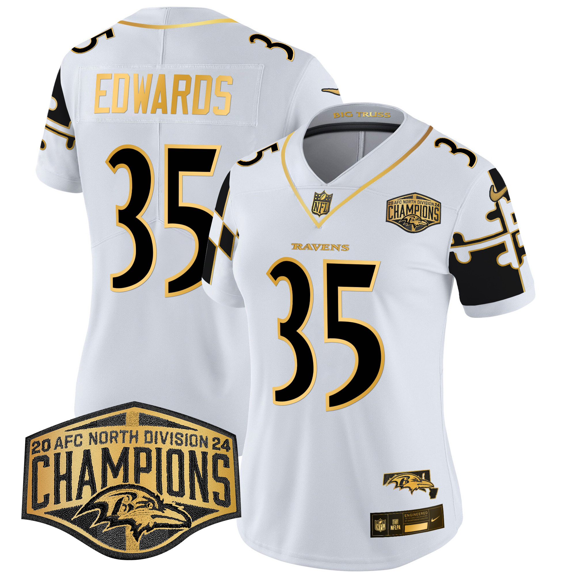 Women's Ravens Maryland Flag Map 2024 AFC North Division Champions Patch Gold Vapor Limited Jersey - All Stitched - Image 24