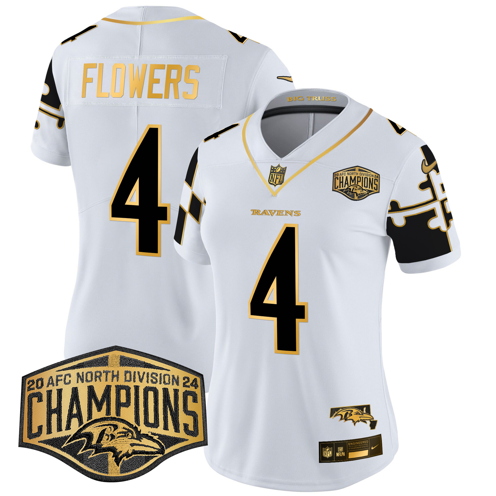 Women's Ravens Maryland Flag Map 2024 AFC North Division Champions Patch Gold Vapor Limited Jersey - All Stitched - Image 23