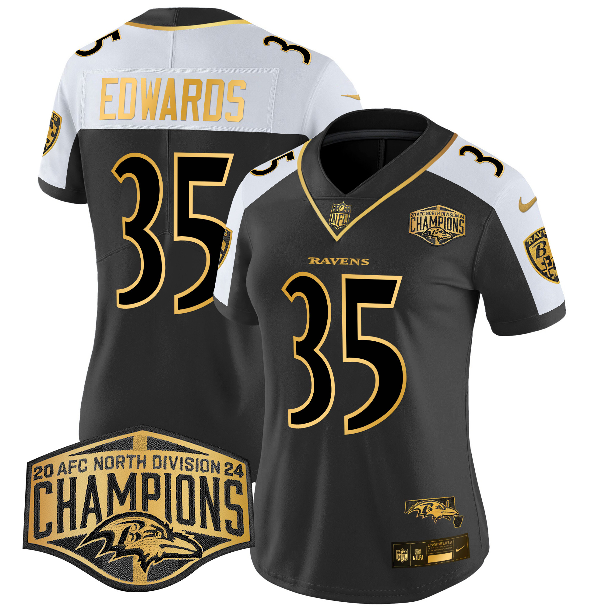 Women's Ravens Maryland Flag Map 2024 AFC North Division Champions Patch Gold Vapor Limited Jersey - All Stitched - Image 16