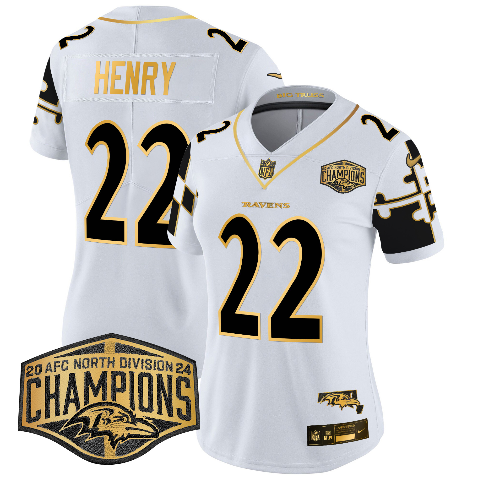 Women's Ravens Maryland Flag Map 2024 AFC North Division Champions Patch Gold Vapor Limited Jersey - All Stitched - Image 17