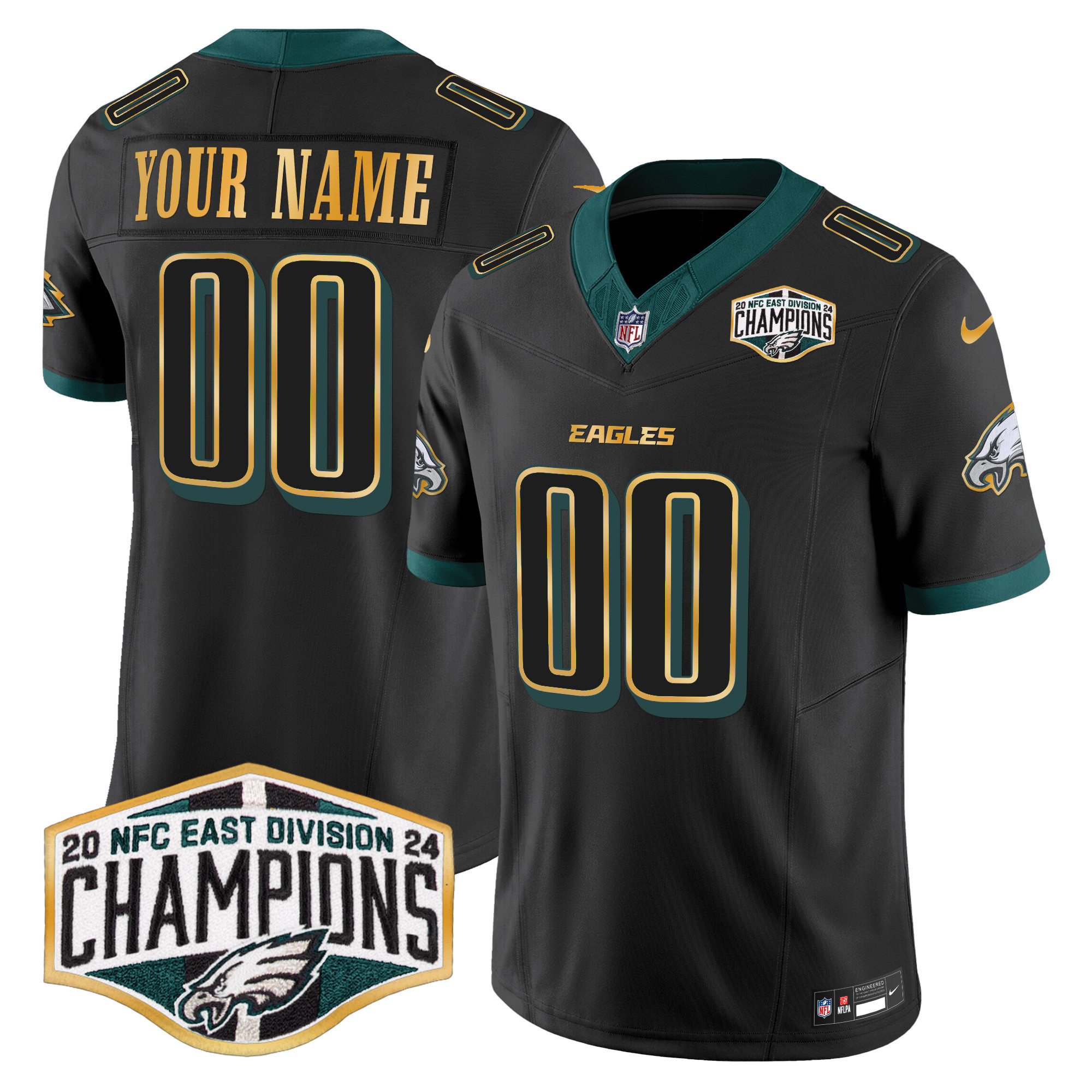 Eagles 2024 NFC East Division Champions Gold Trim Vapor Limited Custom Jersey - All Stitched - Image 3