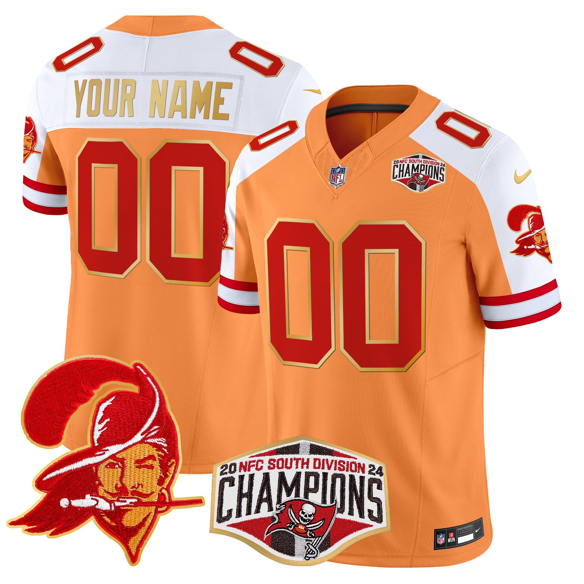 Buccaneers Creamsicle 2024 NFC South Division Champions Patch Gold Trim Vapor Limited Custom Jersey - All Stitched
