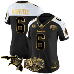 Women's Buccaneers 2024 NFC South Division Champions Patch Gold Vapor Limited Jersey - All Stitched