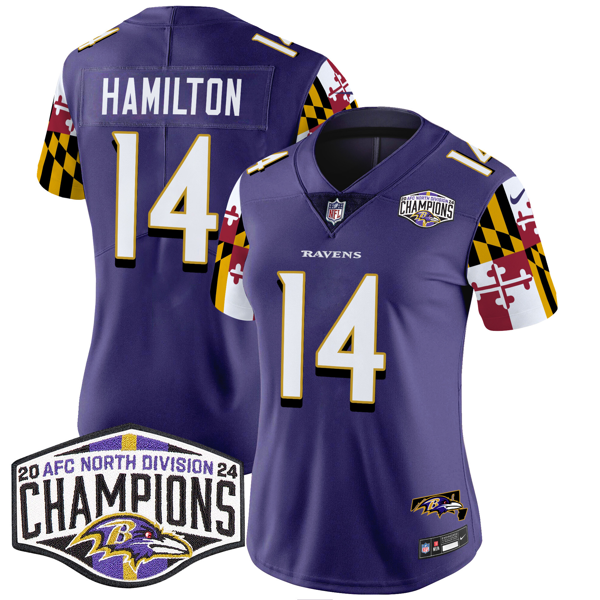Women's Ravens Maryland Flag 2024 AFC North Division Champions Patch Vapor Limited Jersey - All Stitched - Image 4