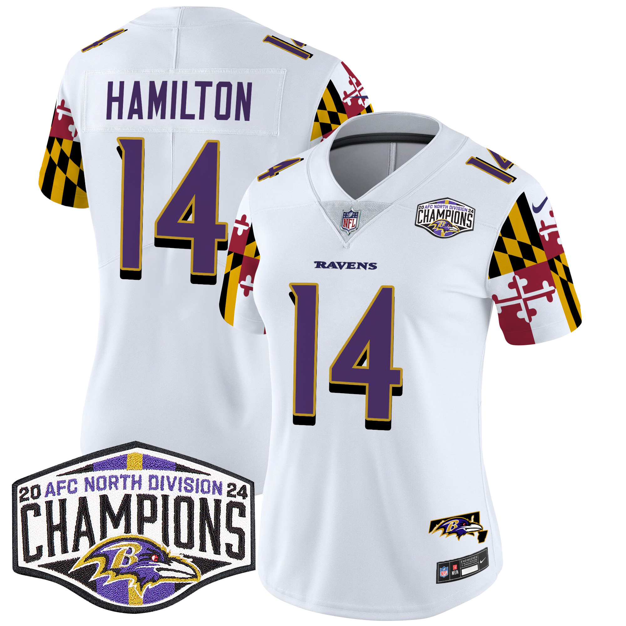 Women's Ravens Maryland Flag 2024 AFC North Division Champions Patch Vapor Limited Jersey - All Stitched - Image 13