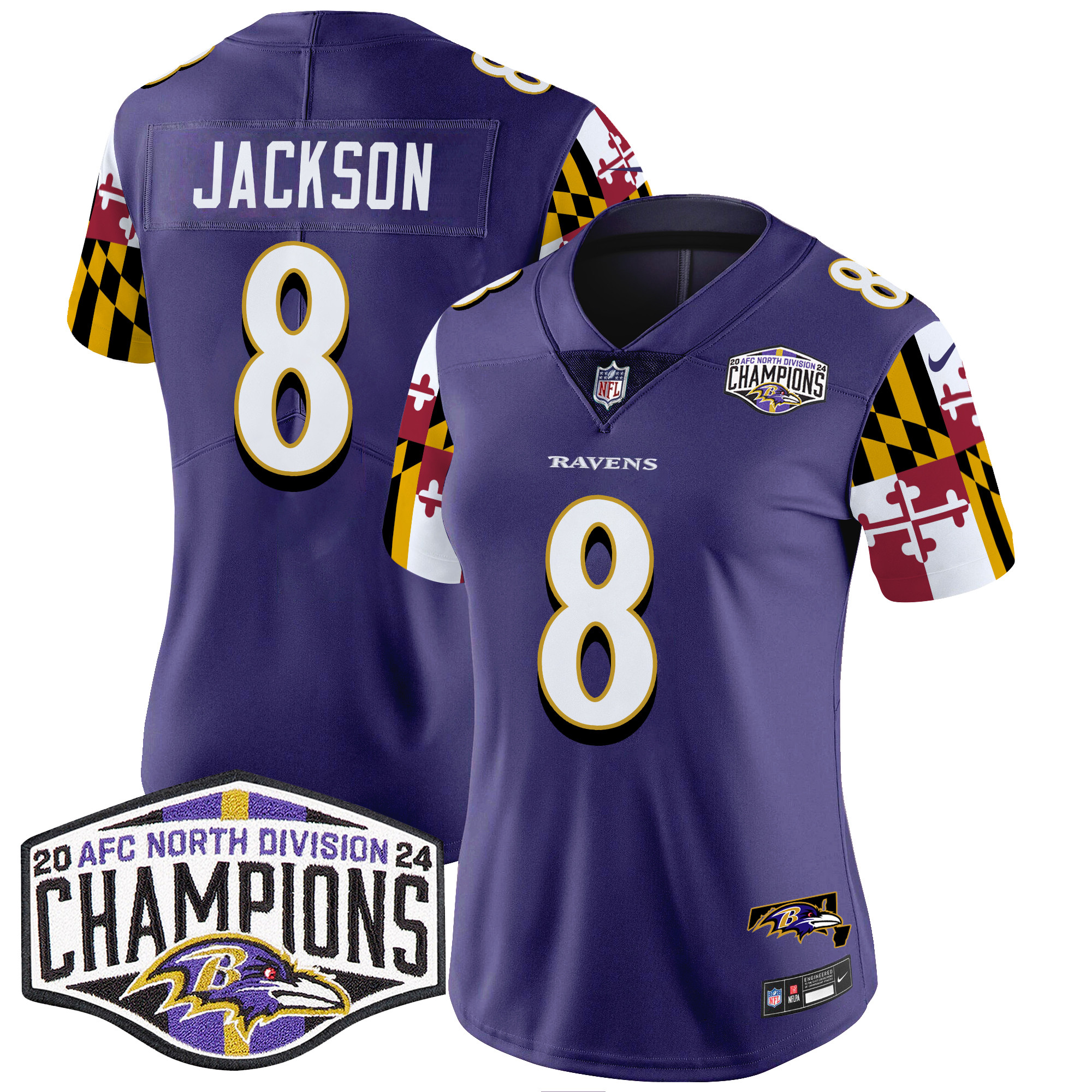 Women's Ravens Maryland Flag 2024 AFC North Division Champions Patch Vapor Limited Jersey - All Stitched - Image 2