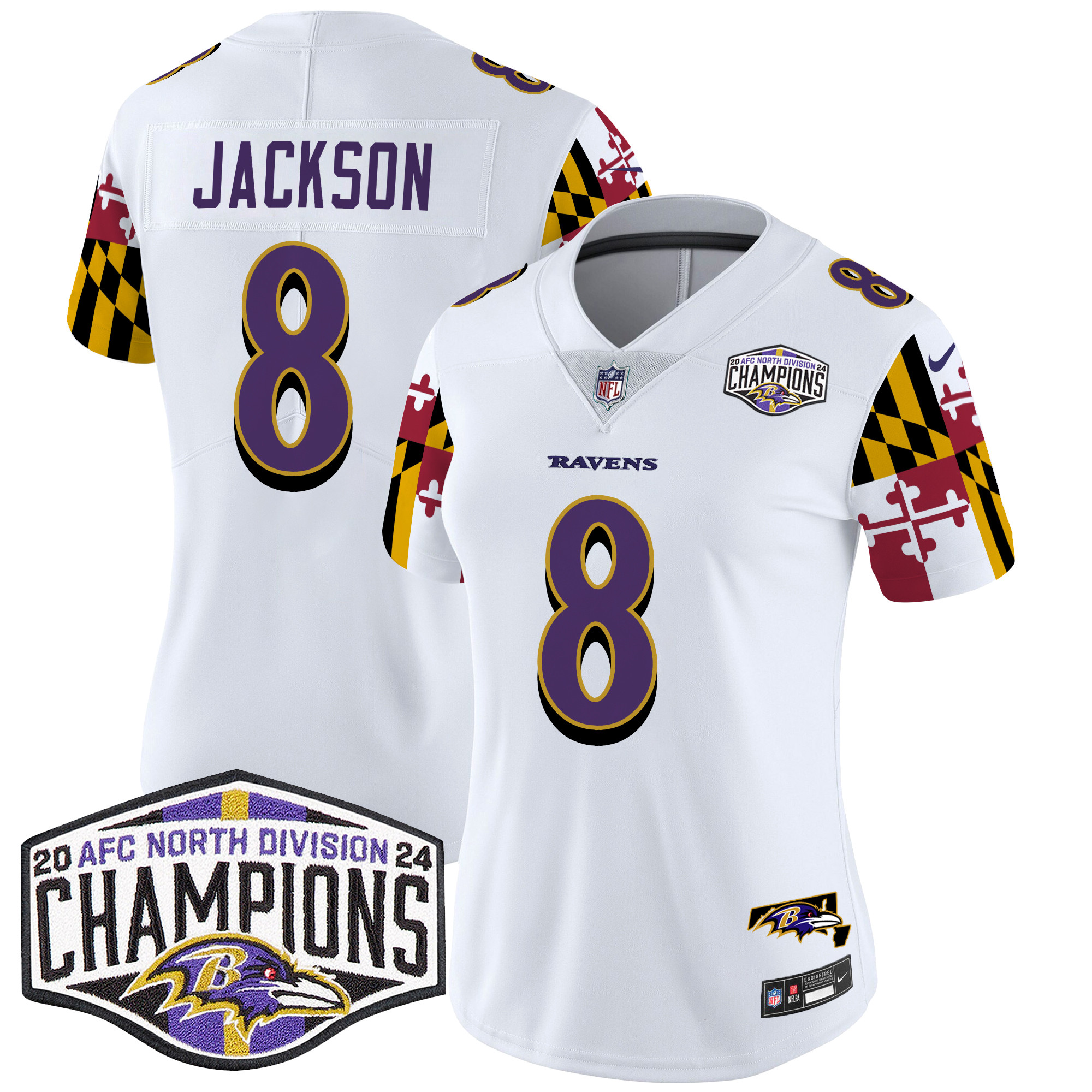 Women's Ravens Maryland Flag 2024 AFC North Division Champions Patch Vapor Limited Jersey - All Stitched - Image 11