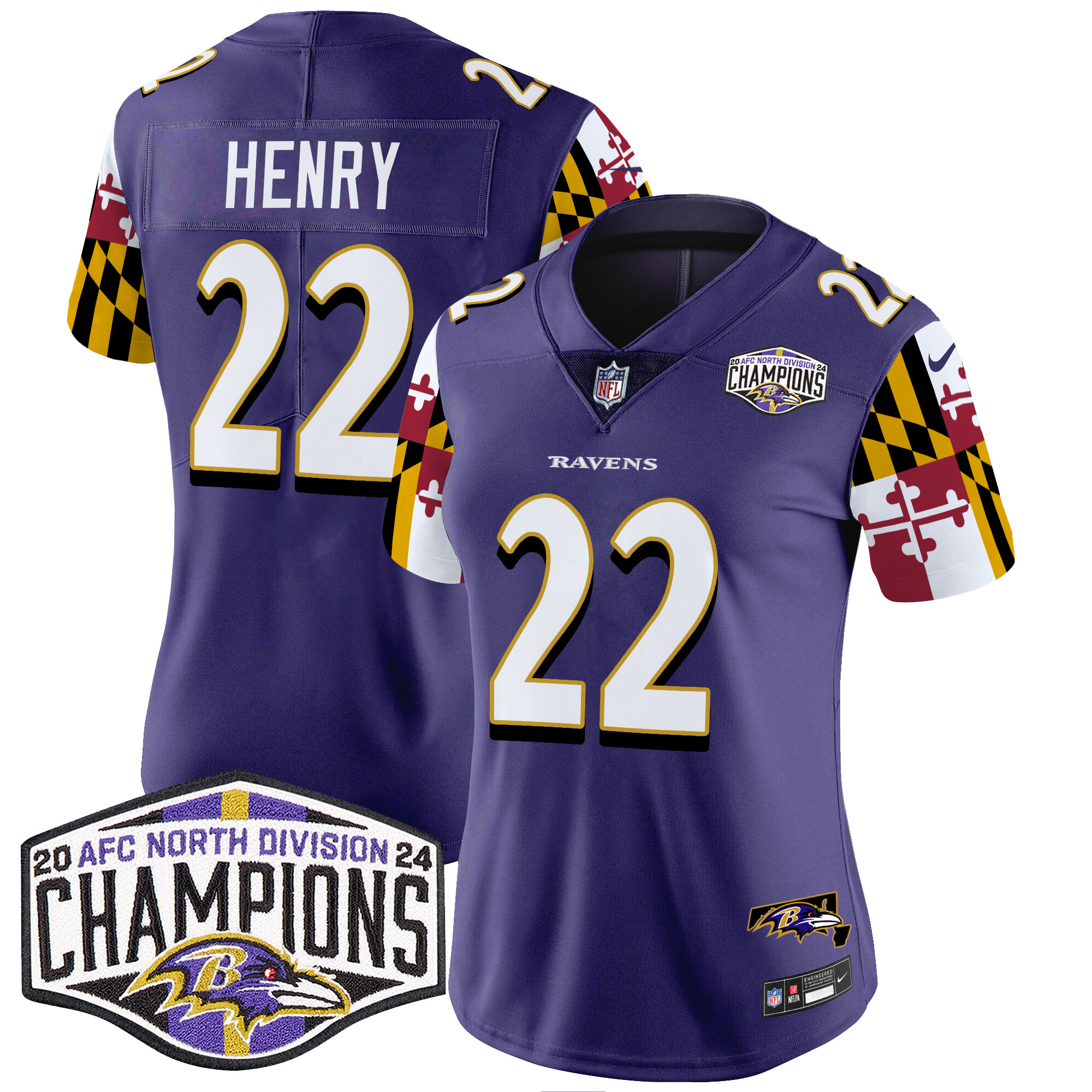 Women's Ravens Maryland Flag 2024 AFC North Division Champions Patch Vapor Limited Jersey - All Stitched