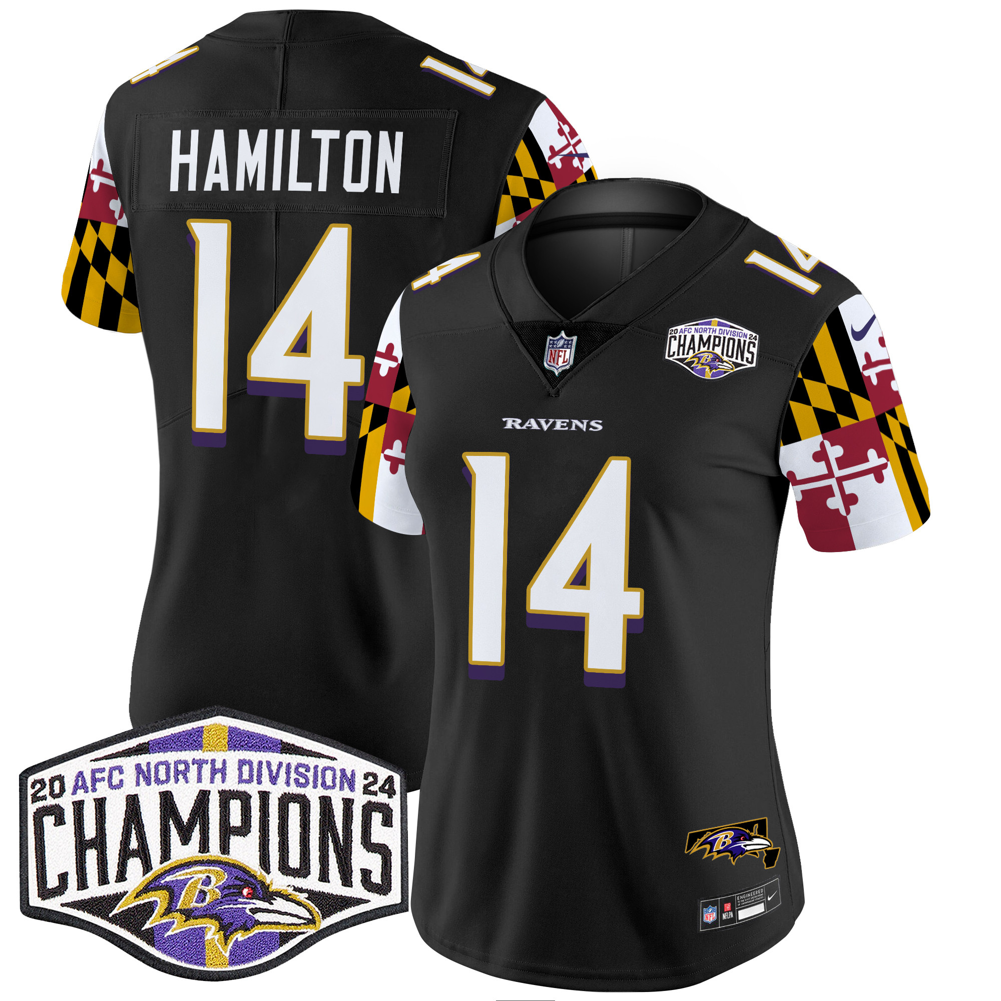 Women's Ravens Maryland Flag 2024 AFC North Division Champions Patch Vapor Limited Jersey - All Stitched - Image 22